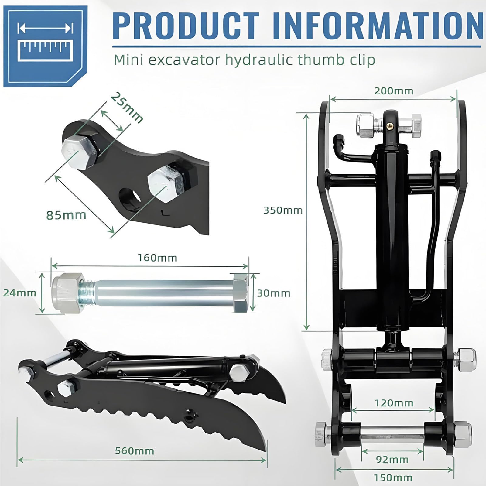 Hydraulischer Bagger Daumen, Anbaugeräte für Minibagger Hydraulischer Daumenclip, mit 2*M14 Schläuchen und Schrauben, L-förmige Halterung Kleinbagger-Anbaugeräte Singleholethumbclip
