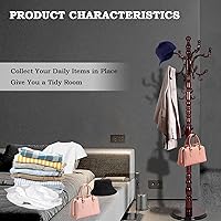 Vista 3 de Percheros de pie con 14 ganchos, perchero de madera natural con base redonda sólida, percheros de altura ajustable, fácil montaje para pasillo