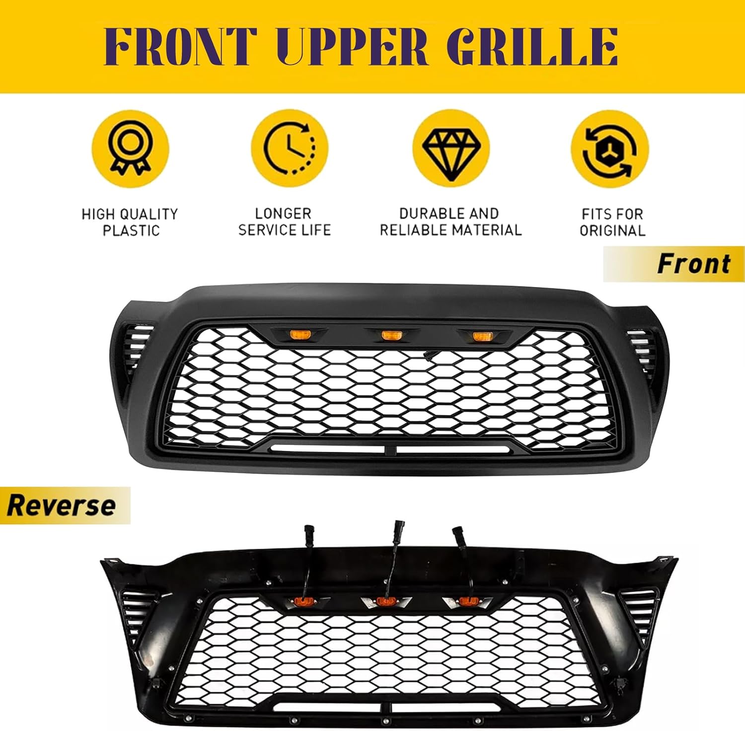 Mesh Grille Compatible For Toyota Tacoma 2005-2011 front ABS grill with 3 LED Lights