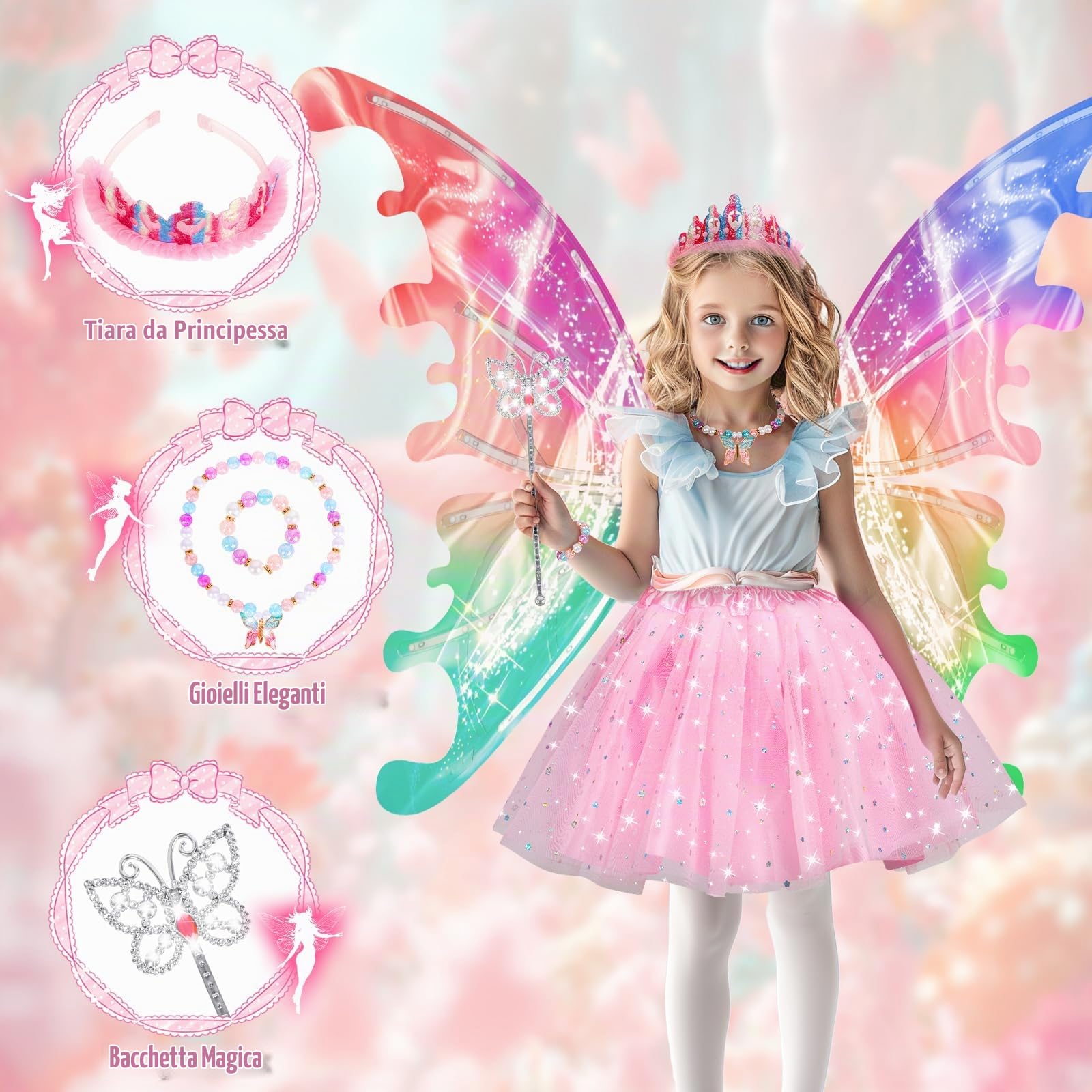 Costume da principessa con ali di fata elettrica per ragazze,ali di farfalla in movimento con luci LED&musica, costume da principessa con corona/bacchetta/braccialetti e collane/giocattolo per bambini