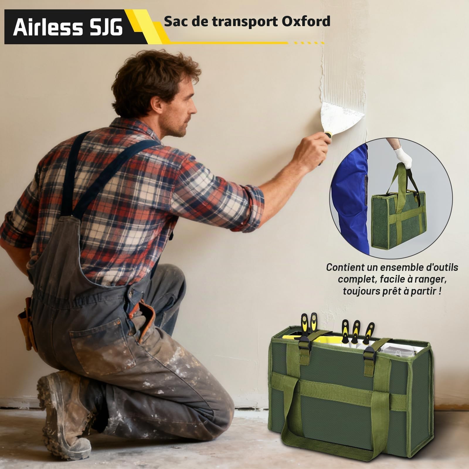 Kit 14pcs Outils Plaquiste Professionnel, Couteaux à Mastic et Enduire en Acier Inoxydable 304, Bac à Enduit 35cm, Éponges Abrasives Réutilisables, Sac de Transport Oxford – Rénovation Maison
