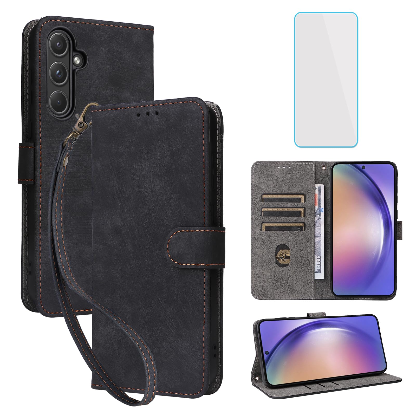 IUQXU for Samsung Galaxy A55 5G Wallet Case with Screen Protector [RFID Blocking] Leather Card Holder Kickstand Cell Phone Cover for Samsung A 55 55A