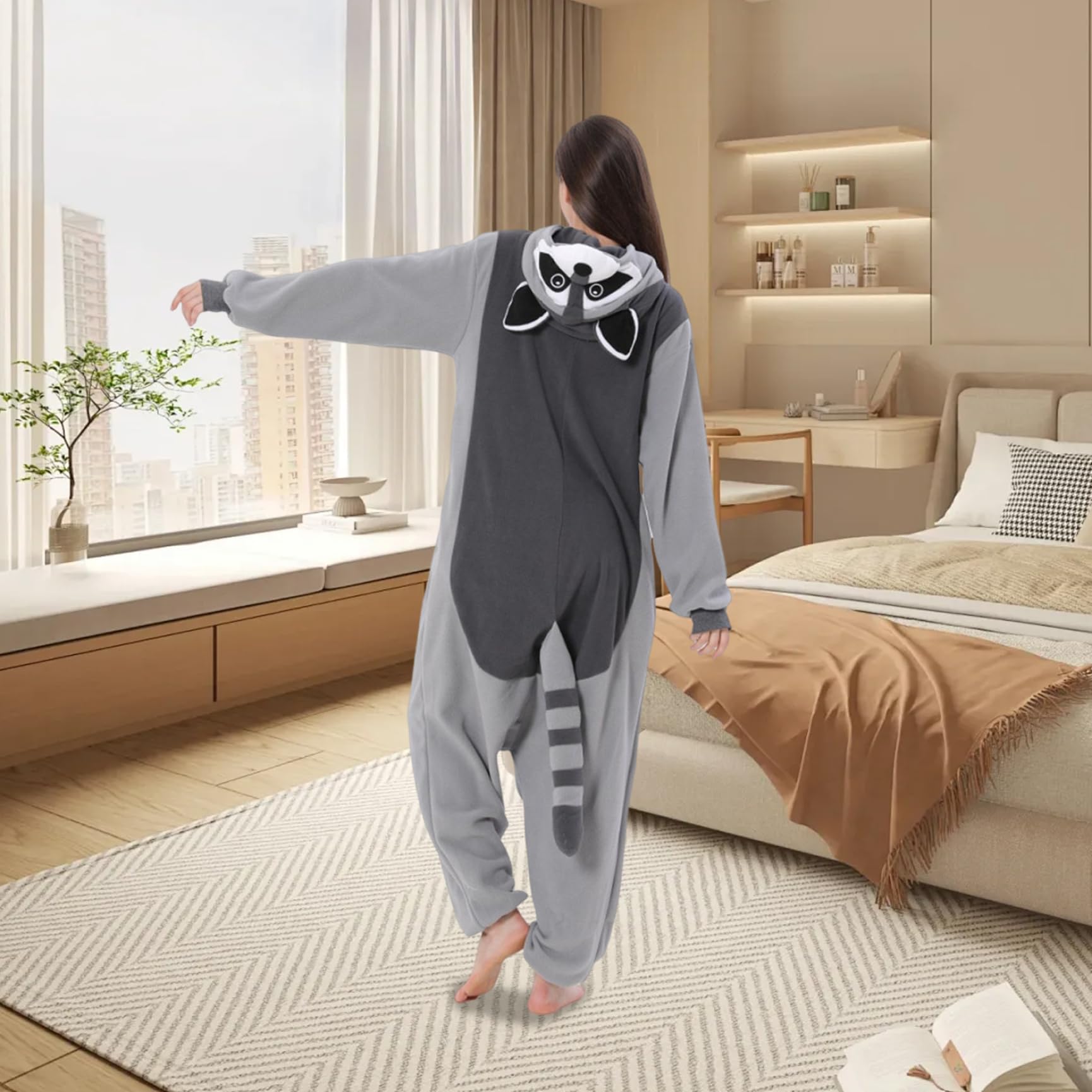 Mono de Mapache para Adulto Pijama de Mapache con Capucha y Cola Mono de Animal de Forro Polar con Cierre de botón Disfraz Lindo y térmico para Navidad, Halloween.