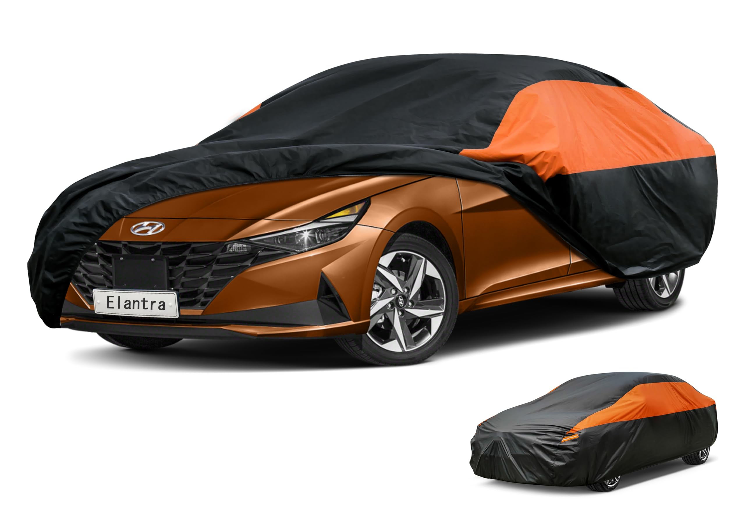 GUNHYI Waterproof Sedan Full Car Cover Custom Fit Hyundai Elantra | All‑weather Outdoor sun/rain/dust/snow/wind/UV protection, breathable lightweight fabric, black‑orange design,storage bag