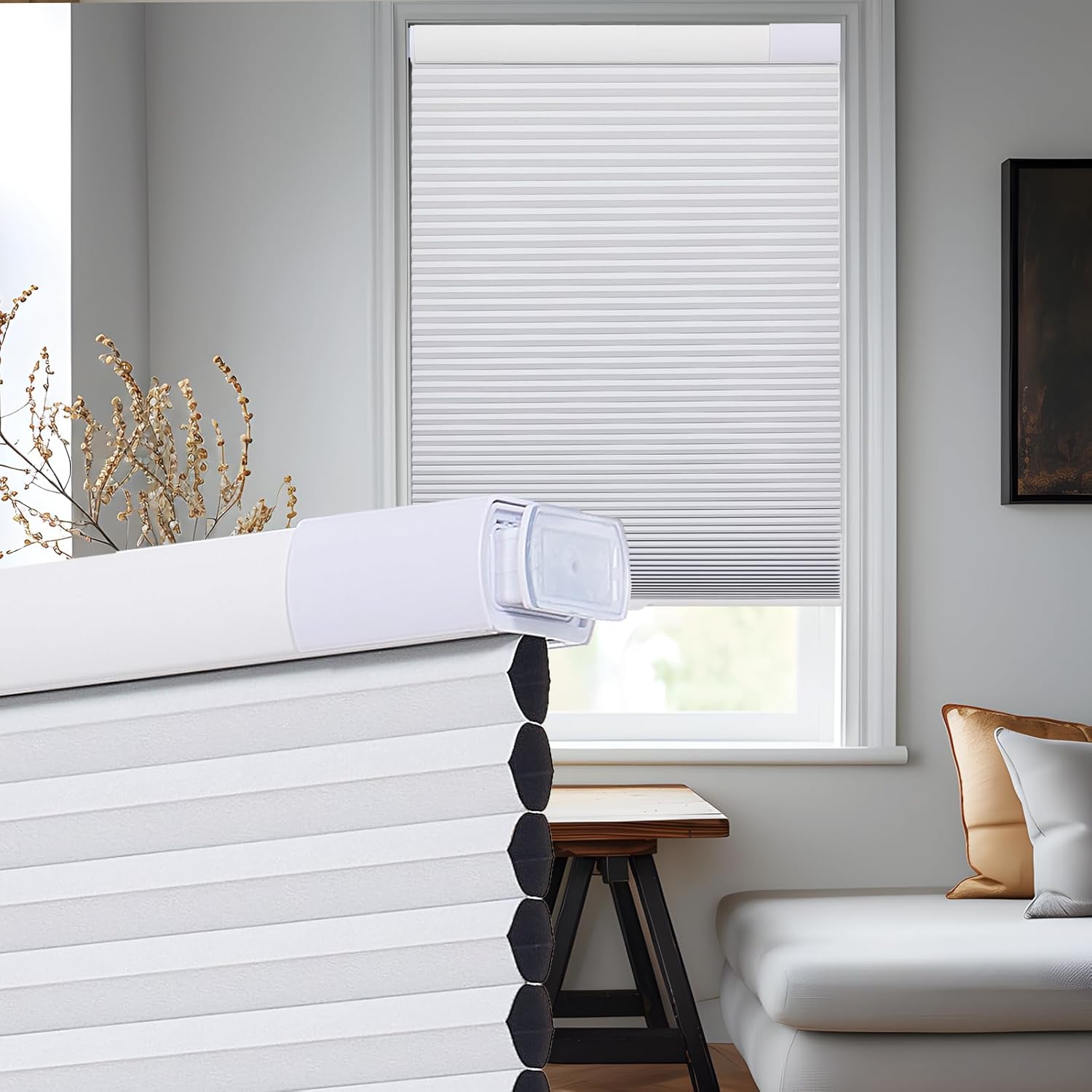 Upgrade No Drill No Tools Cellular Shades for Indoor Windows 38mm Honeycomb Blinds Cordless Free Stop Blinds for Windows White Blackout 35.5" WX64 H 35.5"WX64"H White-blackout