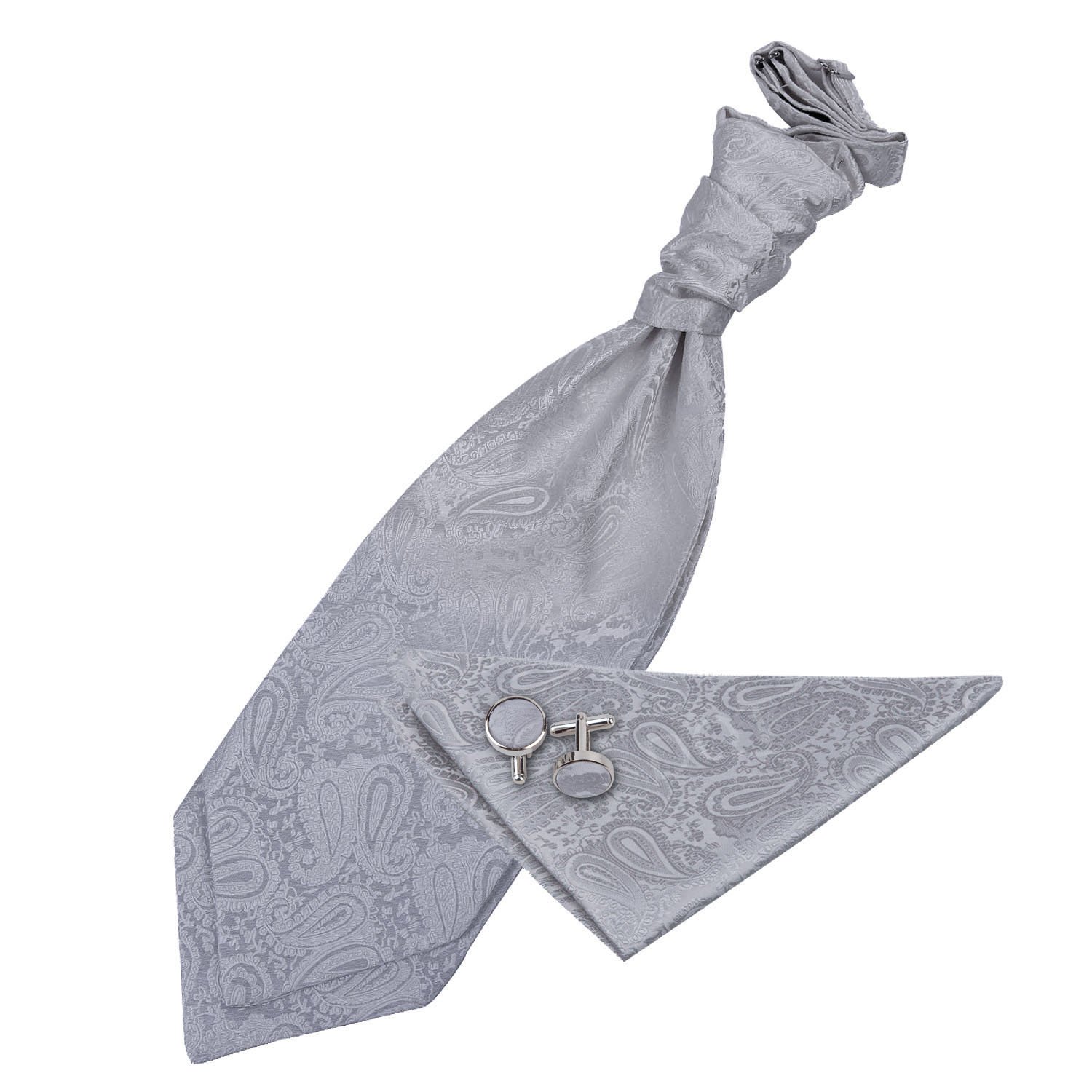 Dqt Men's Silver Paisley Floral Jacquard Pre-Tied Scrunchie Cravat, Pocket Square & Cufflinks Set (3Pc) - Wedding, Business & Formal