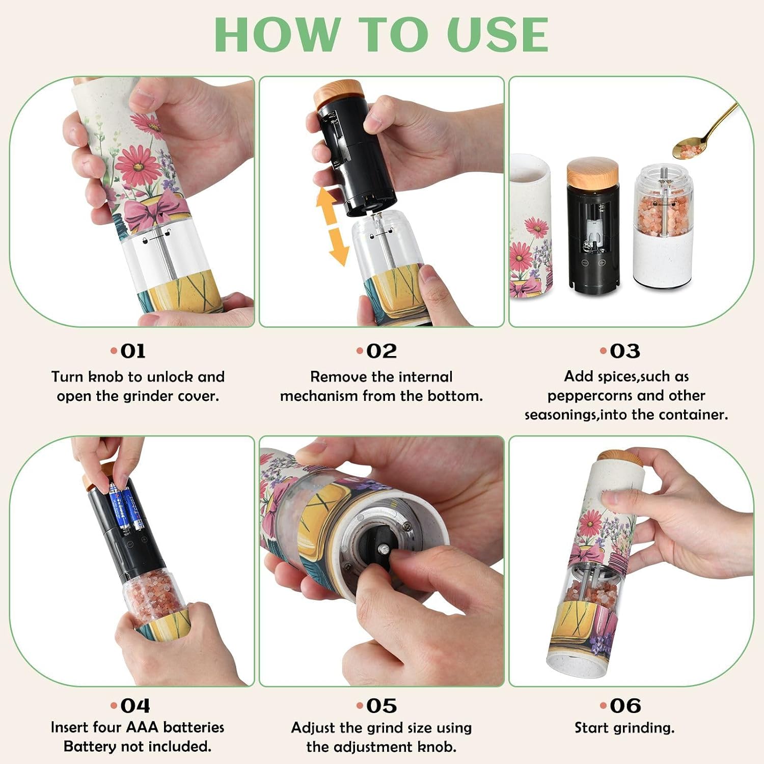 ALAZA Electric Pepper Grinder with Adjustable Coarseness, Mason Jar Flower Battery Automatic Salt and Pepper Mill with Led, One-Handed Operation Spice Grinder for Kitchen, Camping & BBQ