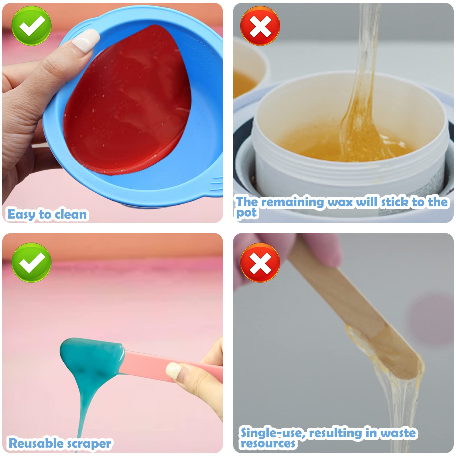 mciskin 2-delige siliconen wax warmer liner, niet-klevend wax pot siliconen kom vervanging, herbruikbare wax smelt warmer liner met 2-delige siliconen spatels voor ontharing (Roze Blauw
