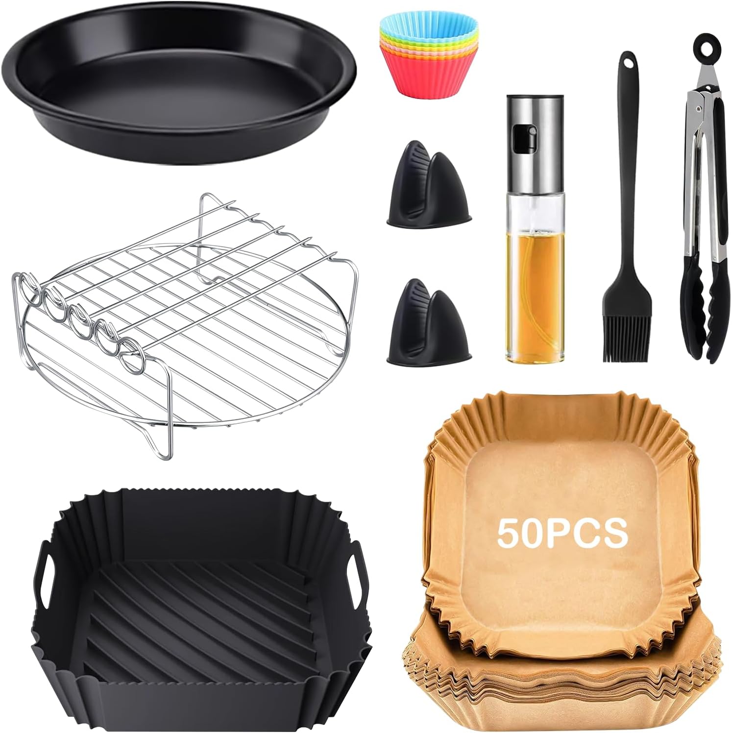 COSORI Heißluftfritteuse Zubehör, dreiteiliges Zubehörset, geeignet für Fritteusen verschiedener Marken, einschließlich Grillrost, 5 Spießchen und Bäckereiregal, Silber COSORI Heißluftfritteuse Zubehör, dreiteiliges Zubehörset, geeignet für Fritteusen verschiedener Marken, einschließlich Grillrost, 5 Spießchen und Bäckereiregal, Silber