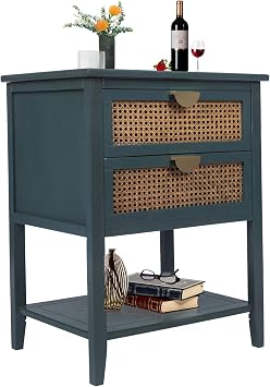 Rattan Nightstand, Bedside Table, Modern Wood Accent End Table with 2 Drawers and Storage Shelf for Living Room or Bedroom Green