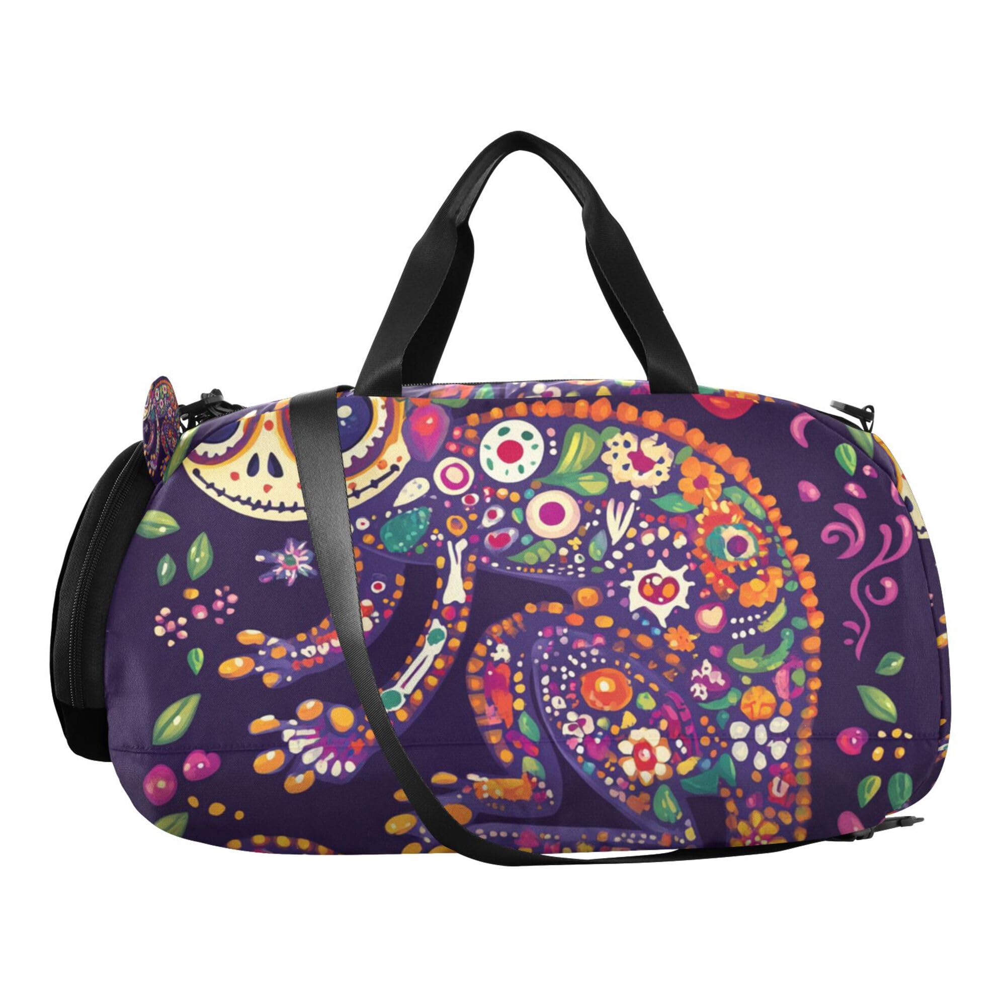 Glaphy Lizard Chameleon Skull Floral Flowers Duffle Bag for Toddler Boys Girls, Gym Sports Bag with Shoe Compartments, Kids Travel Overnight Weekender Shoulder Bag