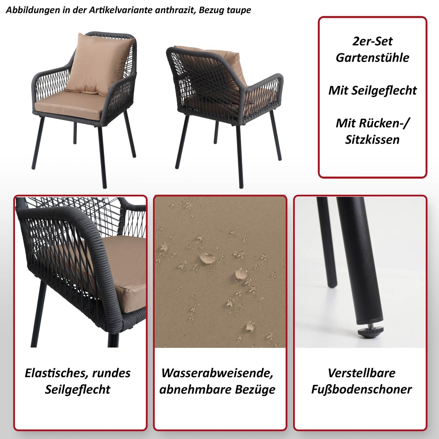 Mendler 2er-Set Gartenstuhl HWC-O12, Outdoor Sitz-/Rückenpolster Aluminium Seilgeflecht Rope - anthrazit, Bezug dunkelgrau
