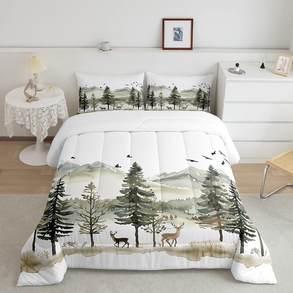 Feelyou Wild Deer Comforter Set All Season Deer Hunting Bedding Set with 2 Pillow Cases Antlers Microfiber Kids Queen Bedclothes Rustic Cabin Country Duvet Quilt Breathable Soft Lightweight