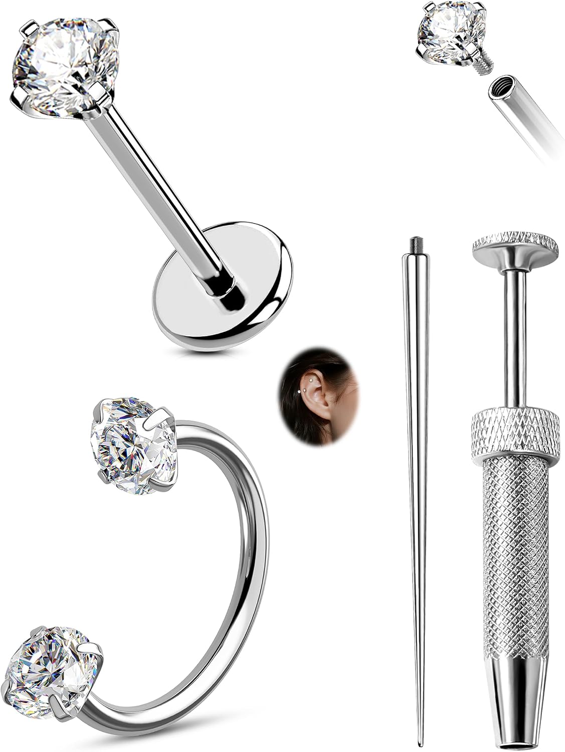 CM Crareesi Mania 20G Nose Rings Hoops 316L Stainless Steel Horseshoe Nose Ring Studs Internally Threaded Flat Back Lip Rings Helix Tragus Cartilage with Piercing Grabber Tool