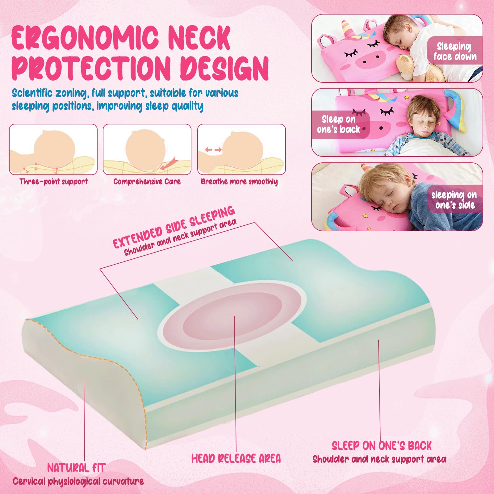 Oreiller Enfant 46x27cm, Confortable Coussin Bébé, Oreiller Ergonomique Enfant, Respirant Coussin Lecture Enfants, Oreiller Enfants 2 à 8 Ans, Détachable