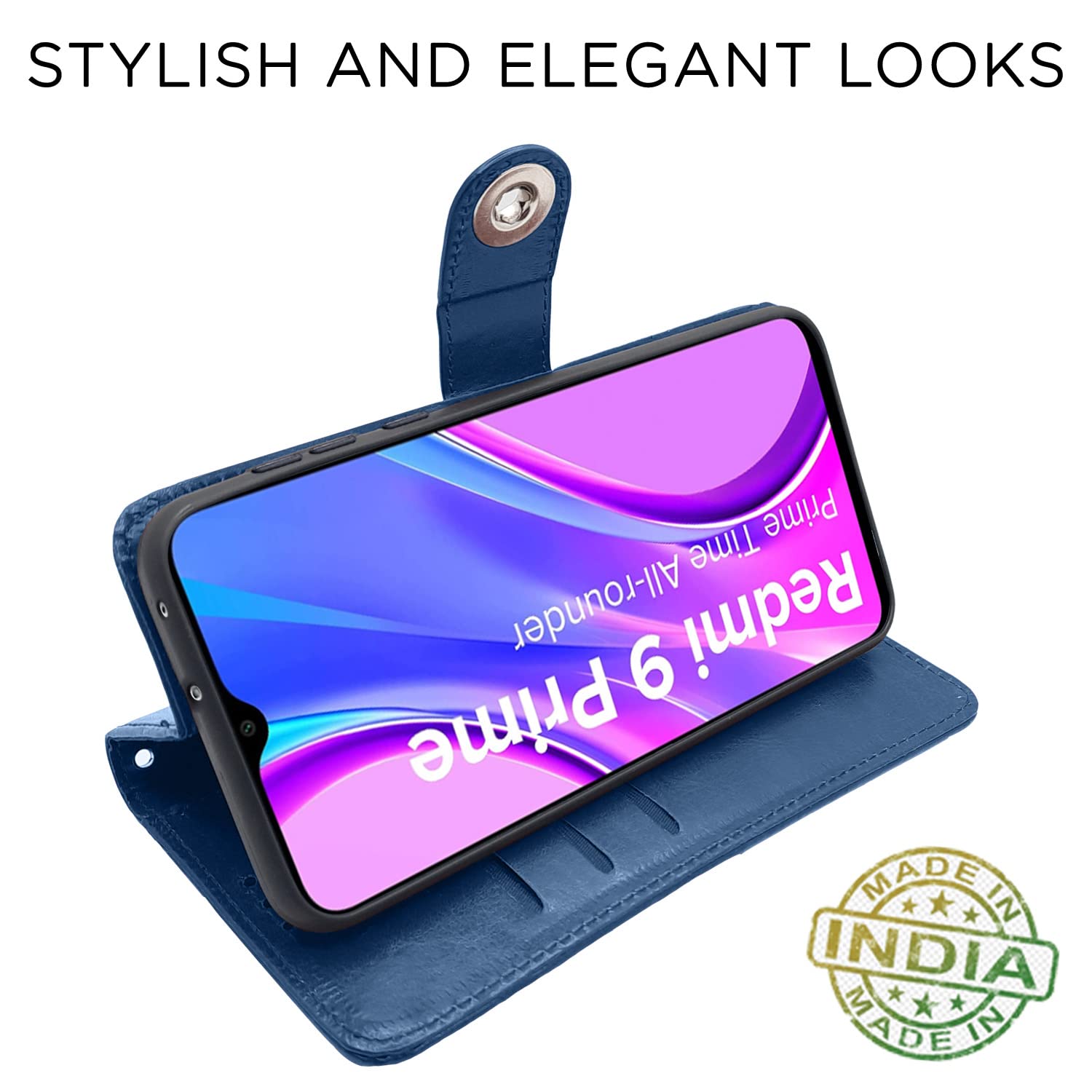 Pikkme Redmi 9 Prime/Poco M2 Flip Cover Case | Leather flip Back Covers Cases for Redmi 9 Prime/Poco M2 (Button Blue) 3