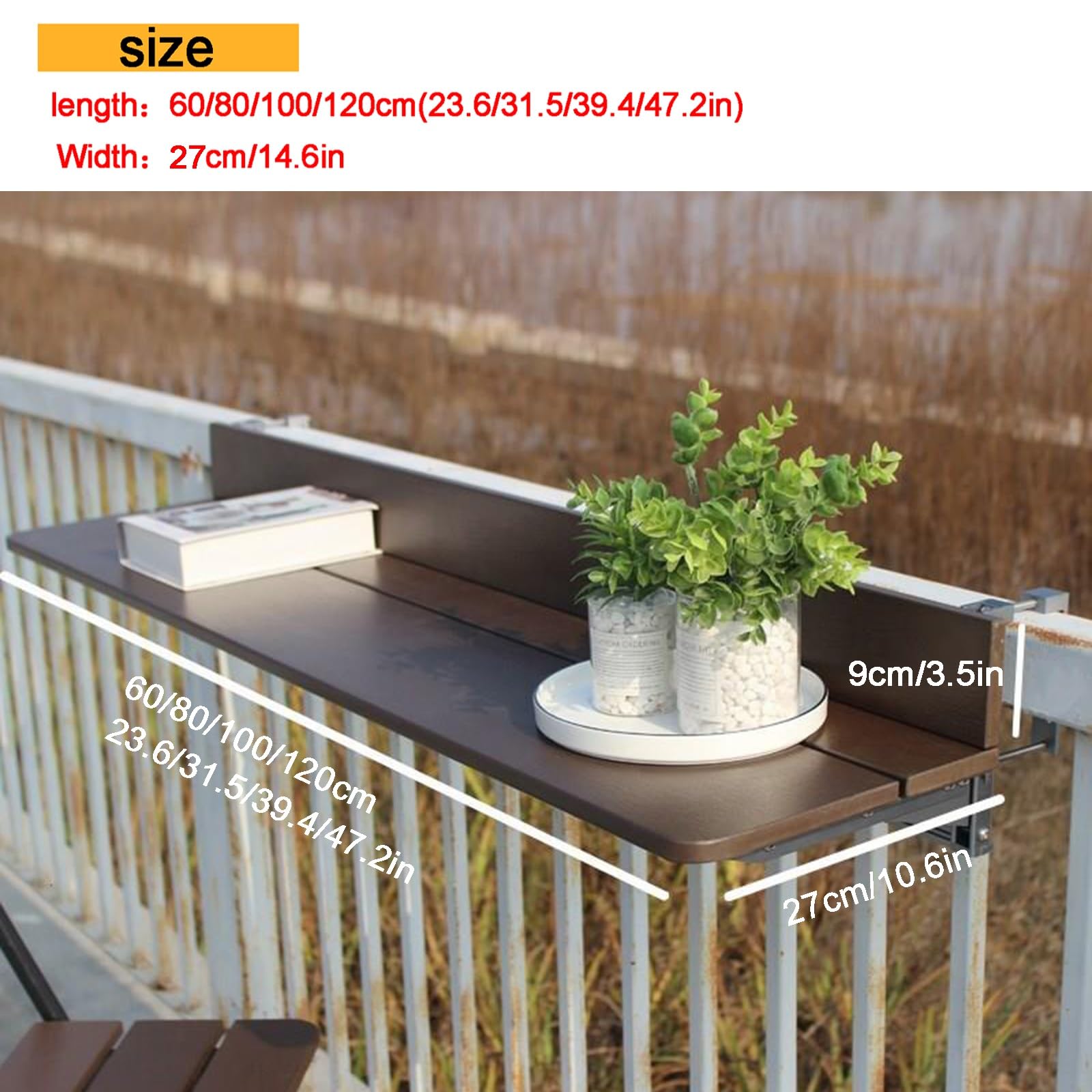 Mesa Plegable para balcón o terraza - Mesa Auxiliar Colgante de Aluminio para Patio, Ideal para terrazas y barandillas, Mesa de Bar Que Ahorra Espacio (120 x 27 cm) Espacios