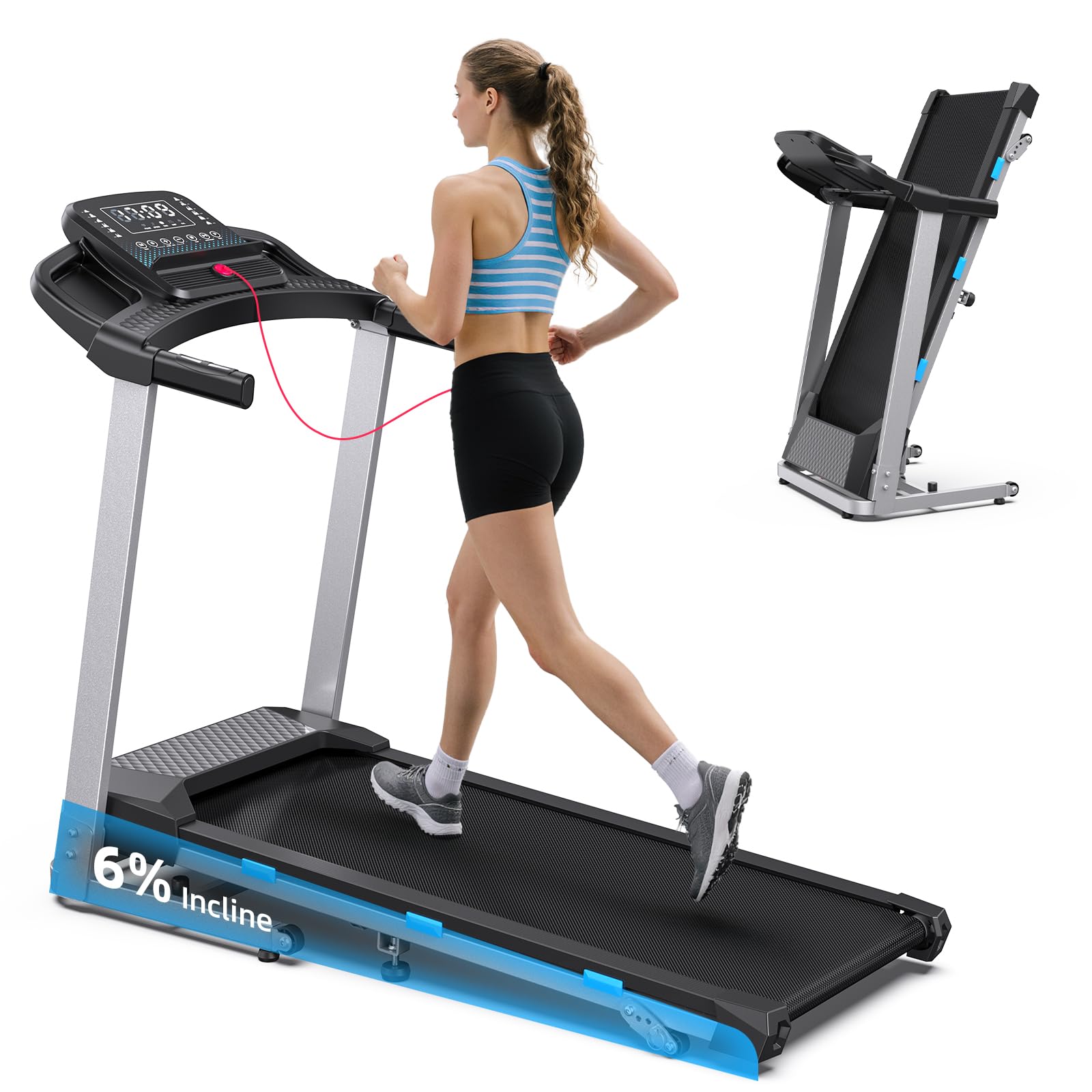 Foldable Treadmill with Incline for Home Small - 350 lb Capacity, 3.0HP Quiet Folding Treadmill with Pulse Sensor and Bluetooth Speaker, App/Voice Control, 3 Level Incline, 7.6 MPH