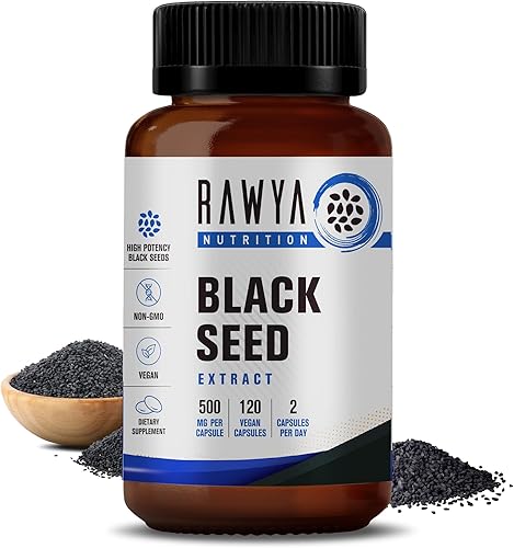 RAWYA Nutrition, Extracto de semilla negra, 120 cápsulas veganas, Nigella Sativa, polvo de semilla de comino negro, 500 mg cada cápsula, apoya el
