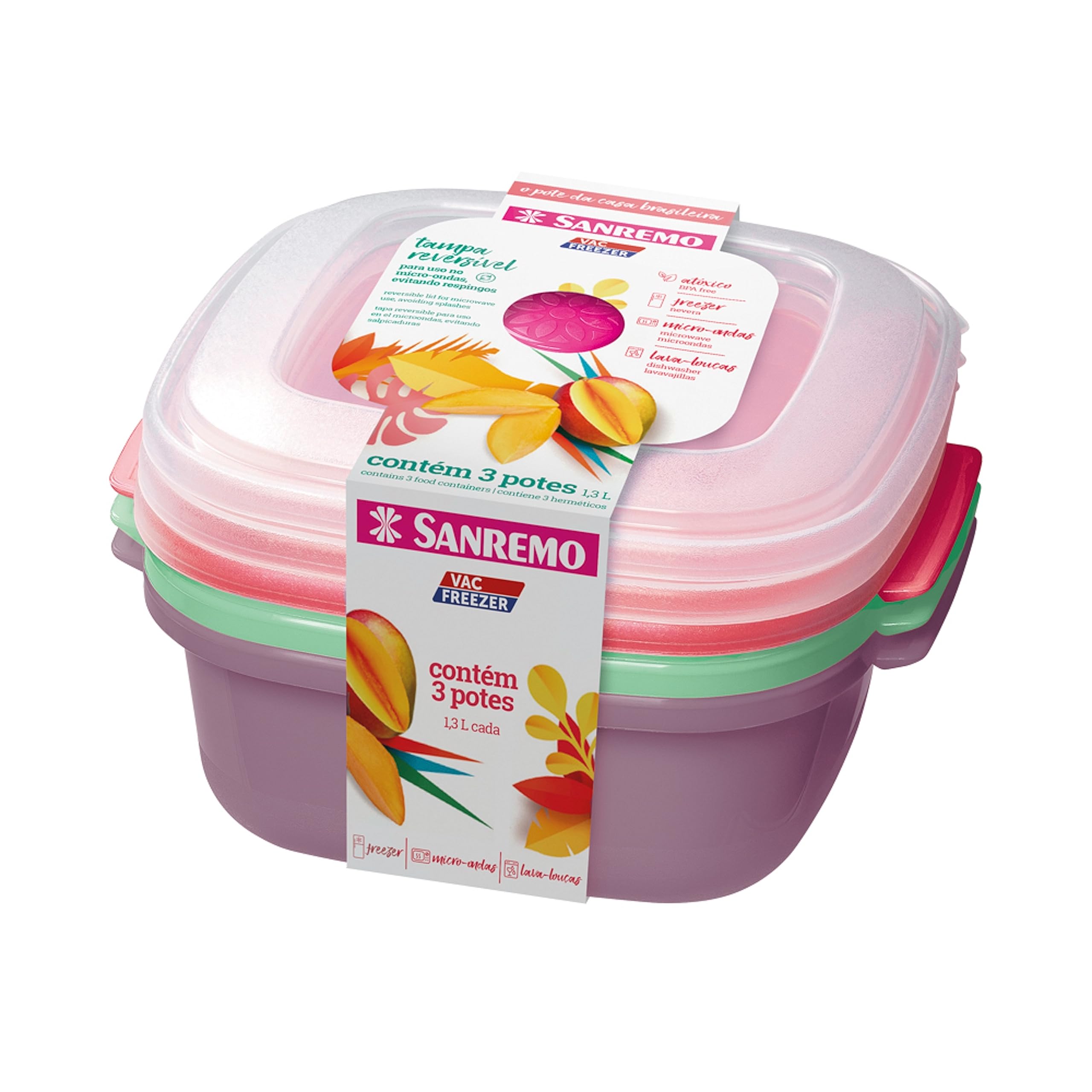 Sanremo - Conjunto com 3 Potes Plásticos Herméticos, Linha Vac