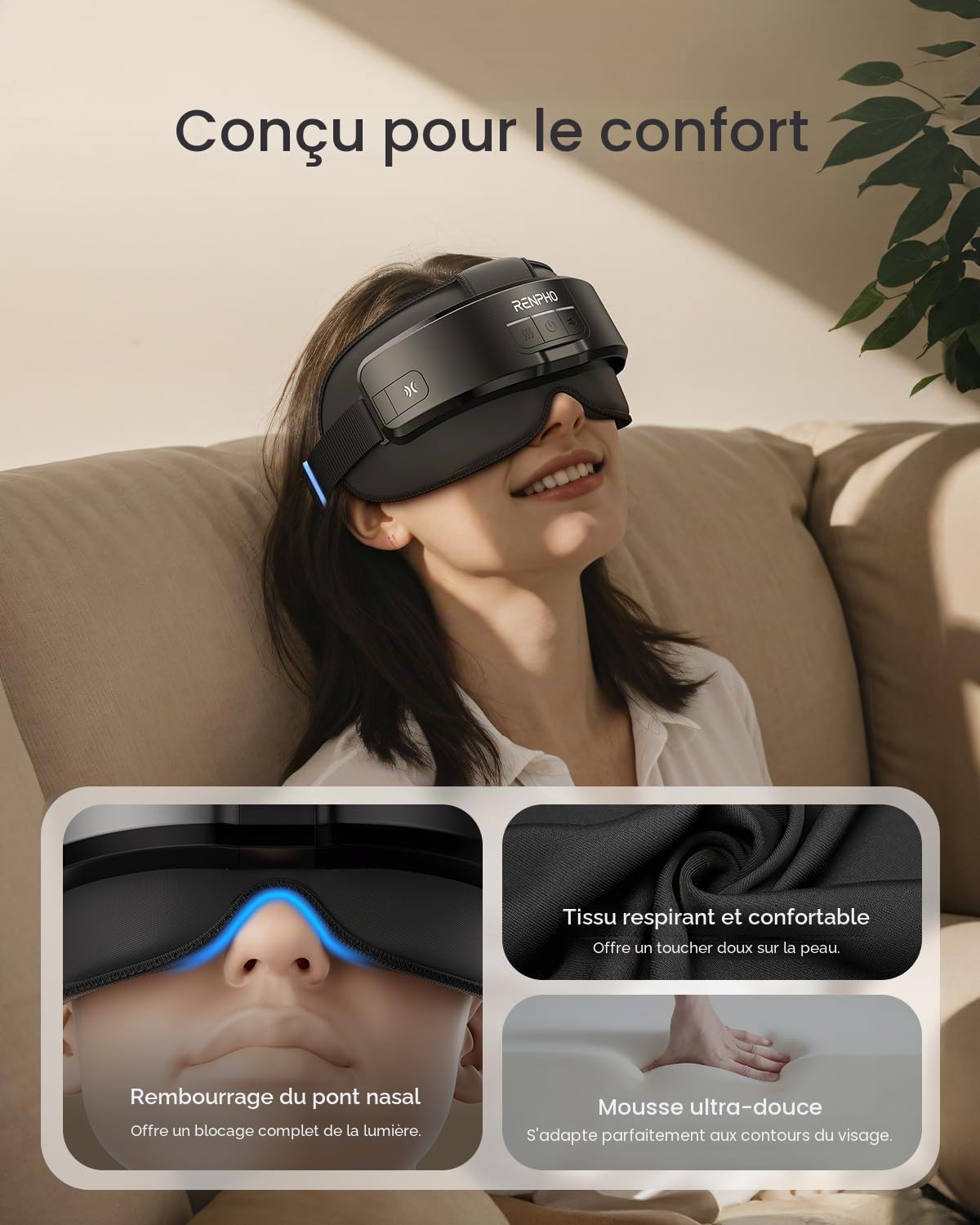 RENPHO Masseur Oculaire avec Chaleur, Masque Chauffant Yeux, Masseur Tête électrique avec Musique Bluetooth, Masseur Tete pour le Front, l'arrière de la tête et Les Tempes, Massage Yeux, Cadeau Femme