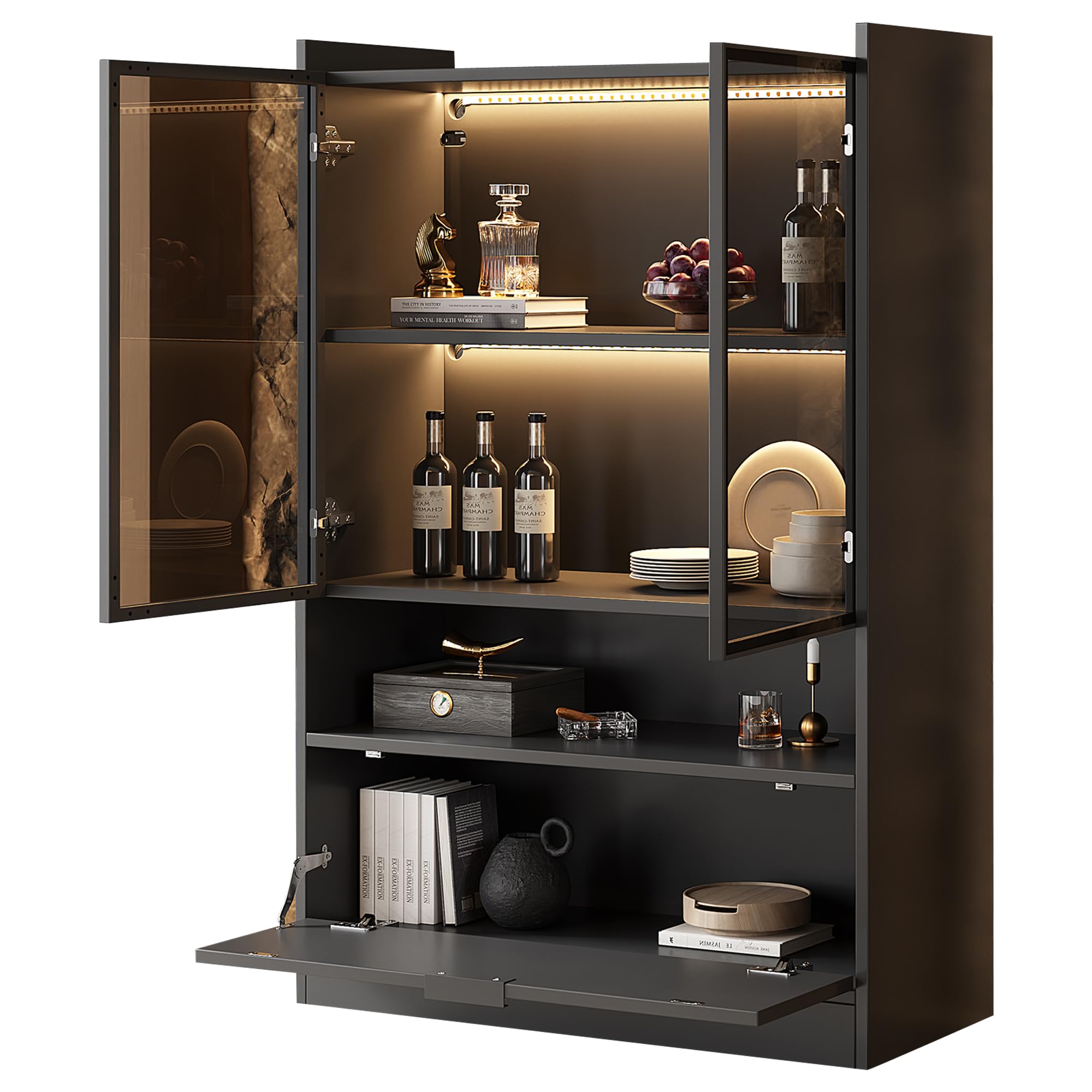Vitrina moderna con LED, color negro mate, altura 120 cm, con iluminación LED de 16 colores, vitrina de cristal con iluminación, armario de salón con puertas de cristal y puerta abatible