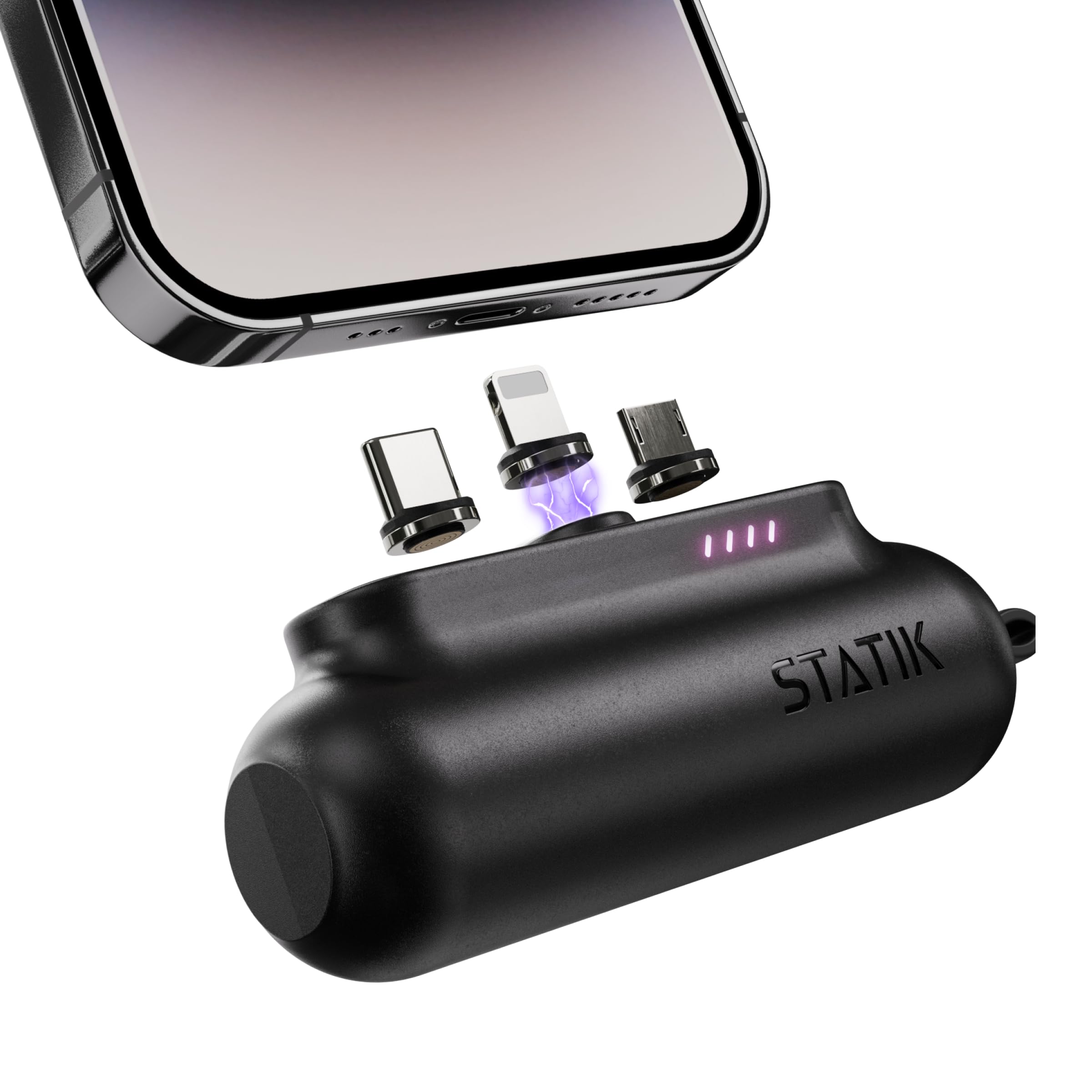 STATIK Snap-N-Charge (Gen 3) Mini Powerbank, tragbares Ladegerät für alle Geräte, 3-in-1 Magnet-Adaptern (USB-C, Micro-USB, iProduct), kompakt, 3.200 mAh, 10W, Schwarz, 3er-Pack