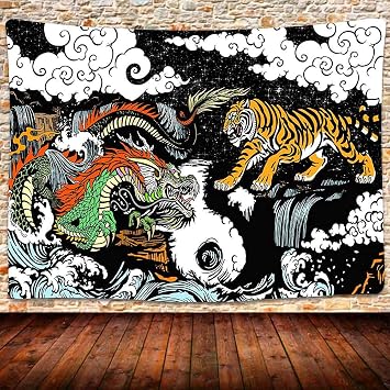 SHRAPHY نسيج آسيوي 80x60 بوصة الأساطير الشرقية التنين والنسيج النمر ، جدار الفن الصيني المعلق نسيج لغرفة المعيشة GTLSUH6024