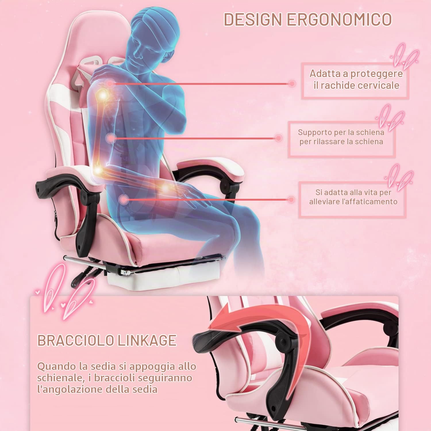 Huracan Sedia Gaming, Poltrona Gamer con Funzione Massaggio e Poggiapiedi, Sedia Gamer Ergonomica con Memory Foam e Rivestimento in PU, Altezza Regolabile, Schienale Reclinabile, Gaming Chair, Rosa