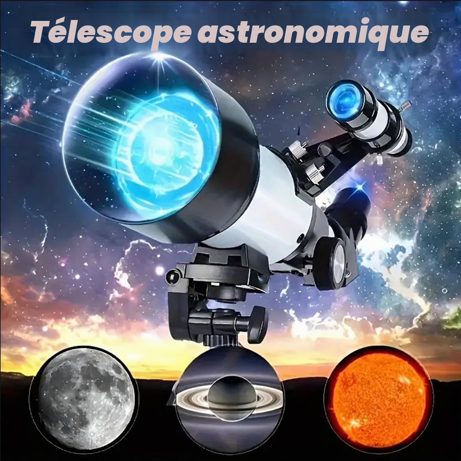 Télescope Astronomique pour Adultes, Télescope 70MM Ouverture 400MM avec Trépied, Viseur 5 x 24, Adaptateur Téléphone Télescopes Réfracteur Astronomie pour Enfants Débutants Astronomie (Blanc)