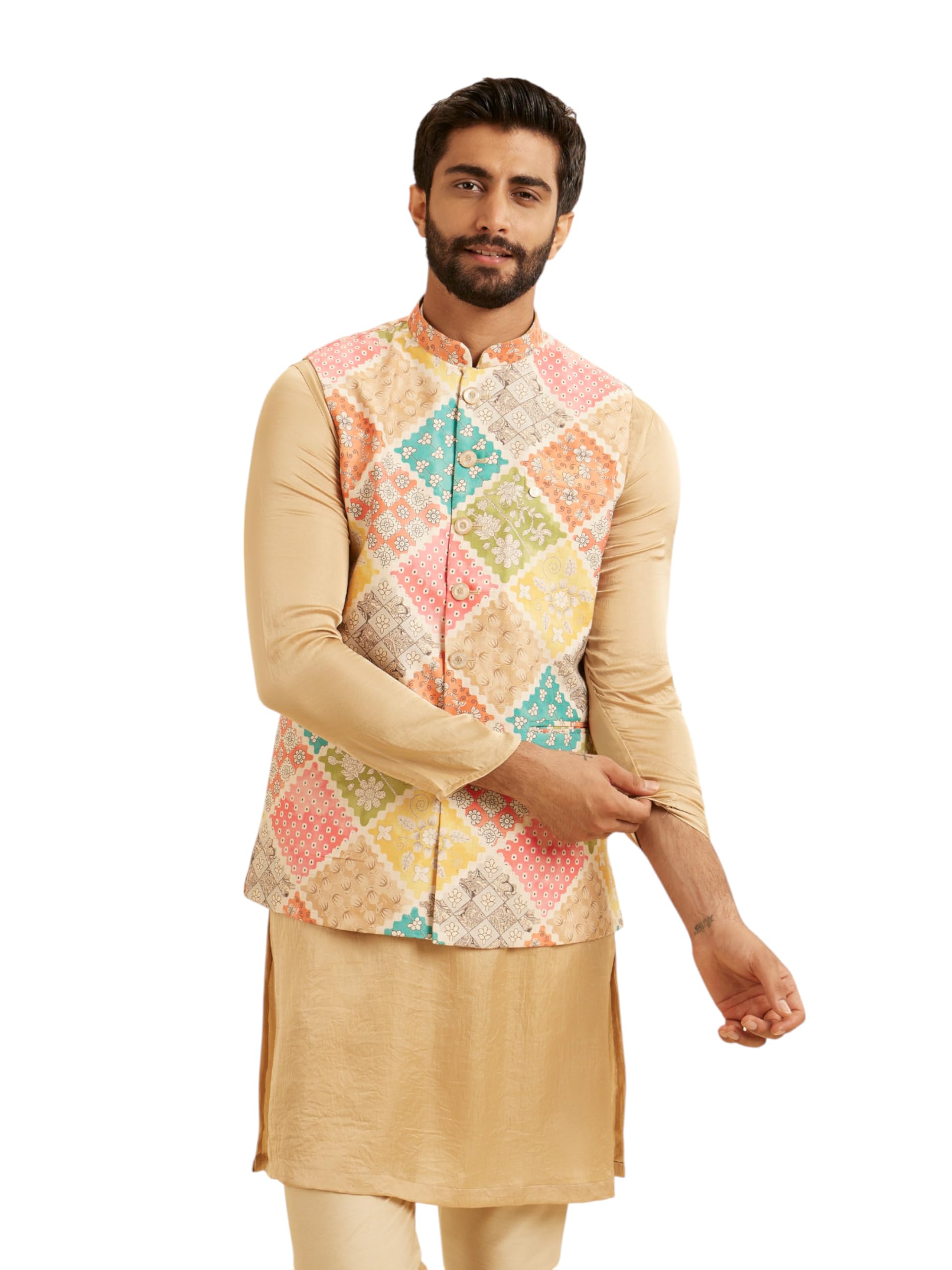 manyavar Men's Blended Cotton Multicolored Printed Jacket (1pc)-picture-38