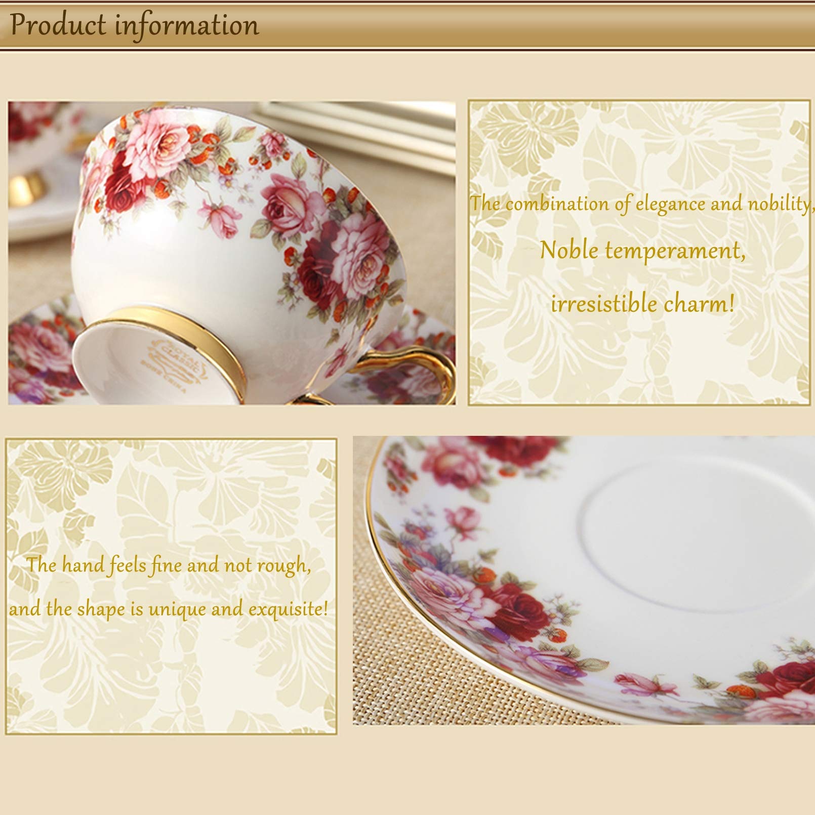 TEACUPS PORCELANIA, 200Ml, Servicio De Té Inglés, Servicio De Café con Flores, Conjunto De Café De Porcelana, Taza De Café Floral con Platillo Y Cuchara De Porcelana De Porcelana De Hueso Premium.,A