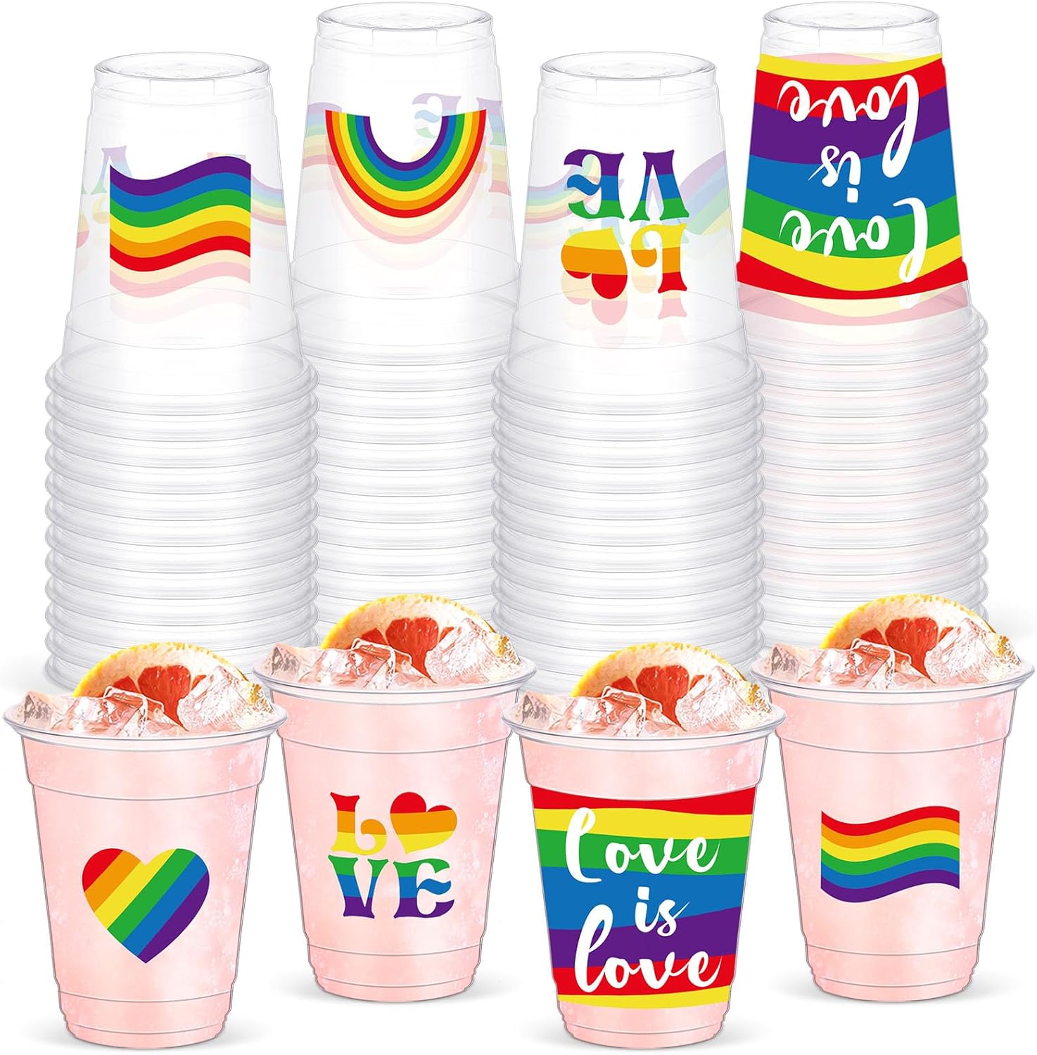 Yaomiao 50 Pieces Pride Party Cups Bulk 12 oz Rainbow Plastic Cups Love Is Love LGBT