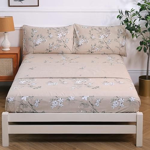 Miniatura 2 de Juego de sábanas de microfibra, estampado floral de floresramas, 4 piezas (1 sábana bajera de bolsillo profundo y elástico en todo el contorno, 1