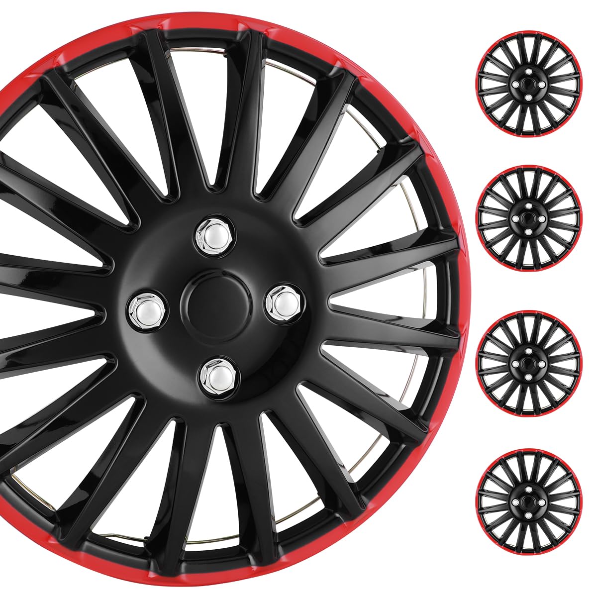 WolfX 15 Inch Hubcaps Set of 4 Wheel Rim Cover (Only Fit for Iron Hub) ABS Material Universal Wheel Rim Hub Cap Replacement (W5019, Black Lacquer & Red Lacquer)