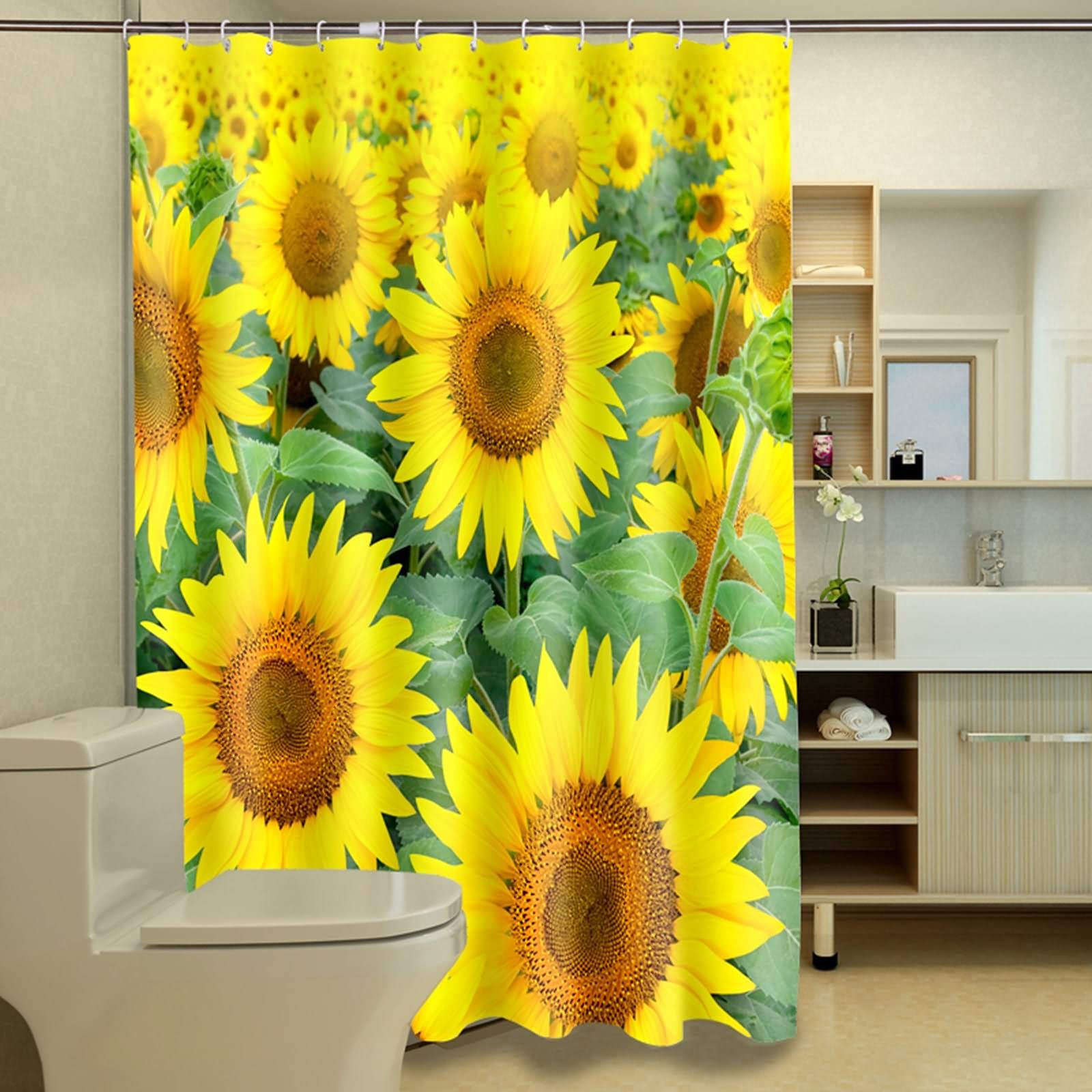 Rideau de douche 180x200 cm au motif de tournesol jaune et vert