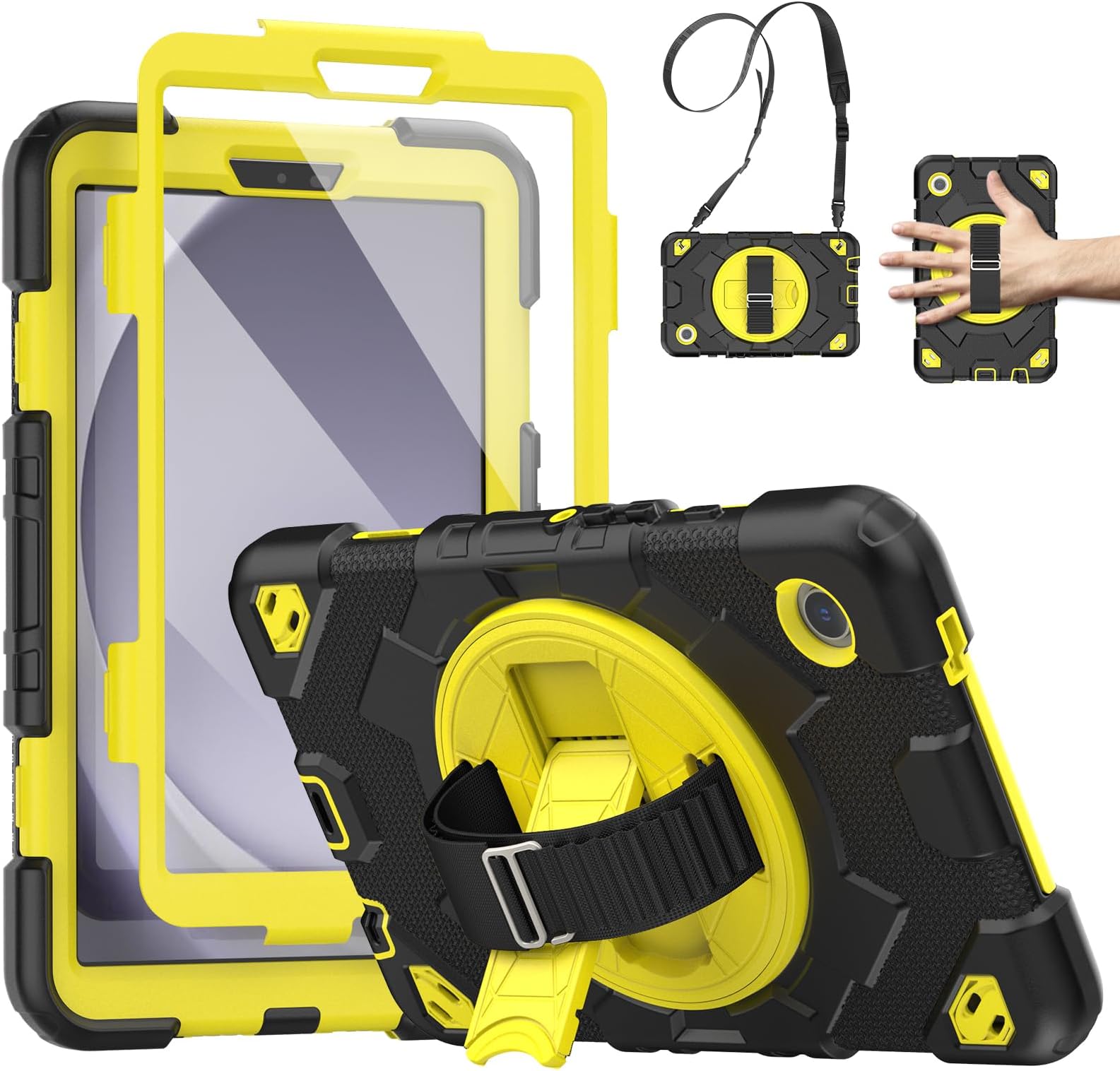 SEYMCYfor Samsung Galaxy Tab A9 Case 8.7 inch 2023, Full Body Shockproof Cover with Screen Protector, Rotating Stand & Hand Strap, Carrying Strap for Samsung A9 Tablet, Yellow