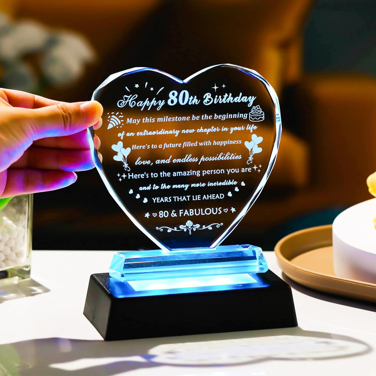 YWHL 80th Birthday Gifts for Women Men with Colorful Light Base, Laser Crystal Heart Happy 80th Birthday Decoration Plaque, Gifts Ideas for 80 Year Old Women Men Mom Dad Grandma Wife Friends - Image 3