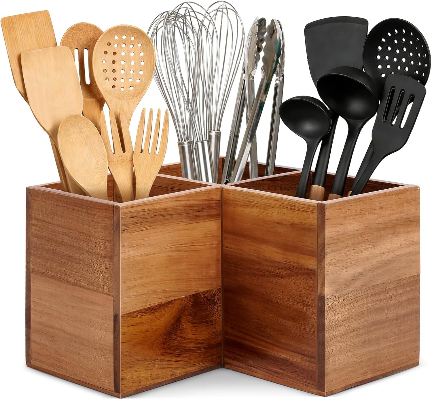 Extra Large Wooden Kitchen Corner Utensil Holder with 3 Compartments, Acacia Wood Countertop Utensil Organizer for Spoons Forks Knives, Space Saving Corner Storage Rack