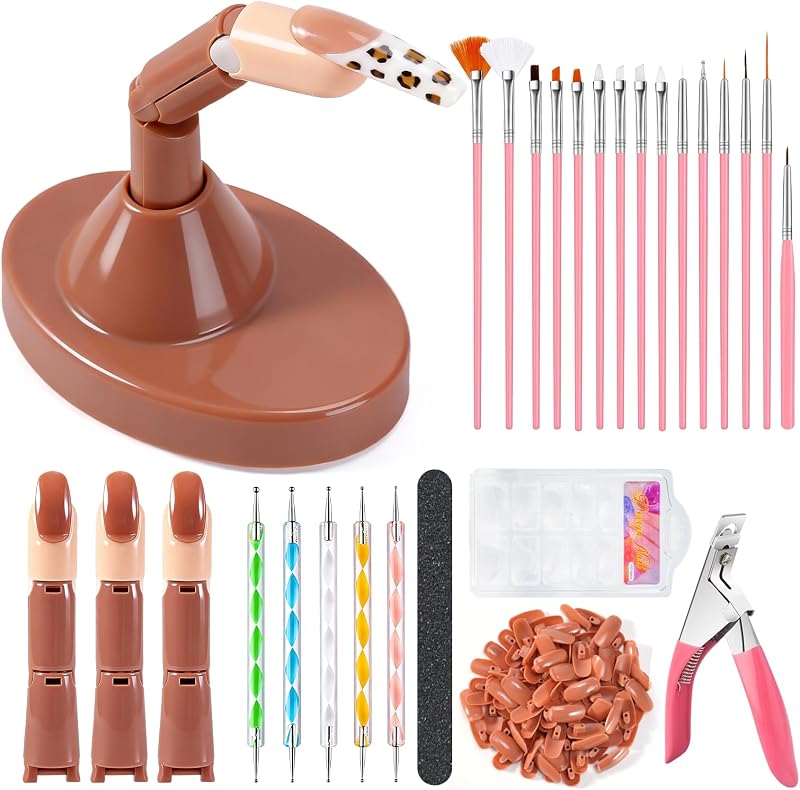 Practice Fingers Kit, 3PCS Nail Practice Hand Finger for Acrylic Nails, 22PCS Nail Art Tools, with 200PCS Nail Tips and Base Stand, Practice Hand for Acrylic Nails Home Salon DIY Beginner (Brown)