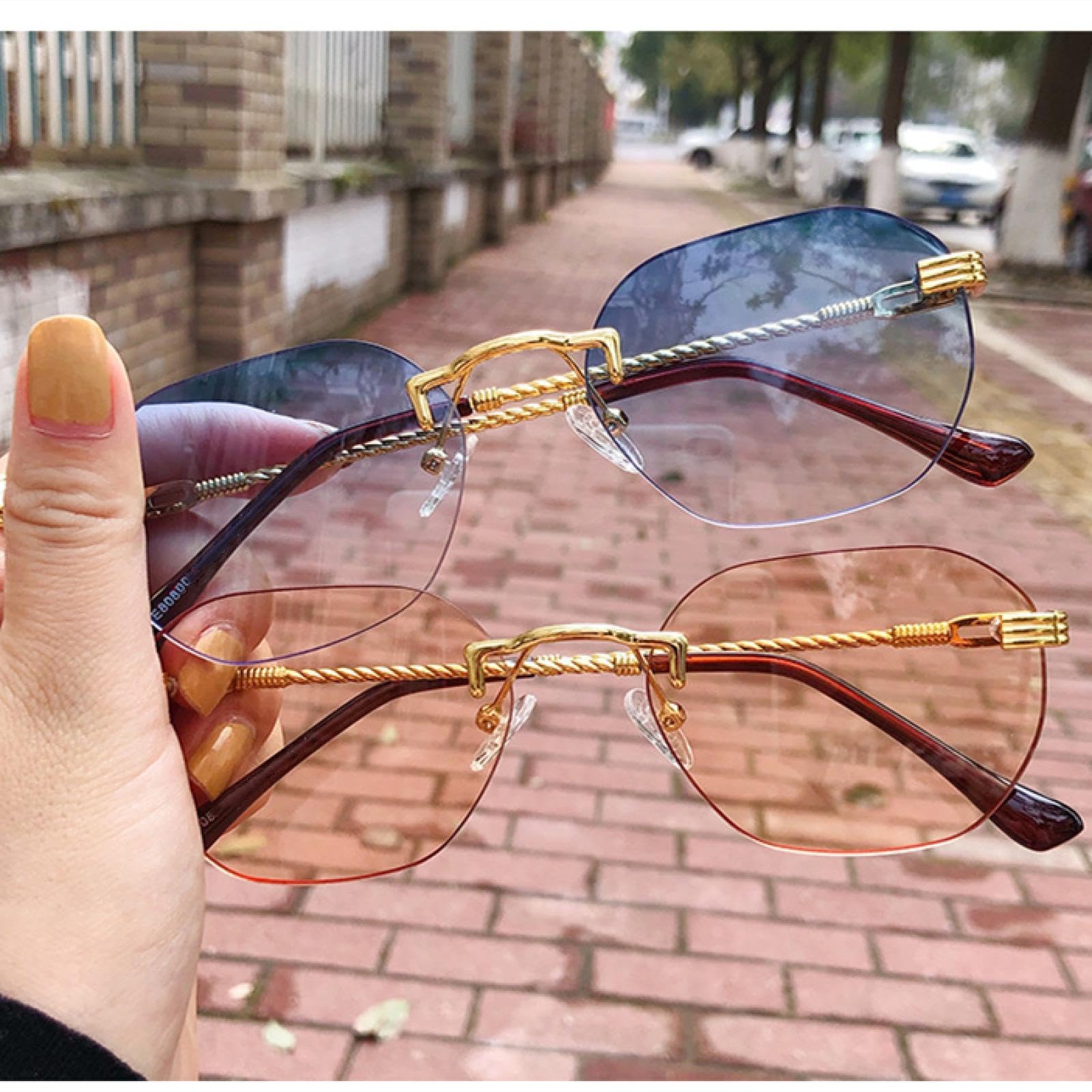 Occhiali da sole senza montatura da donna e da uomo con montatura in metallo, occhiali da sole UV400