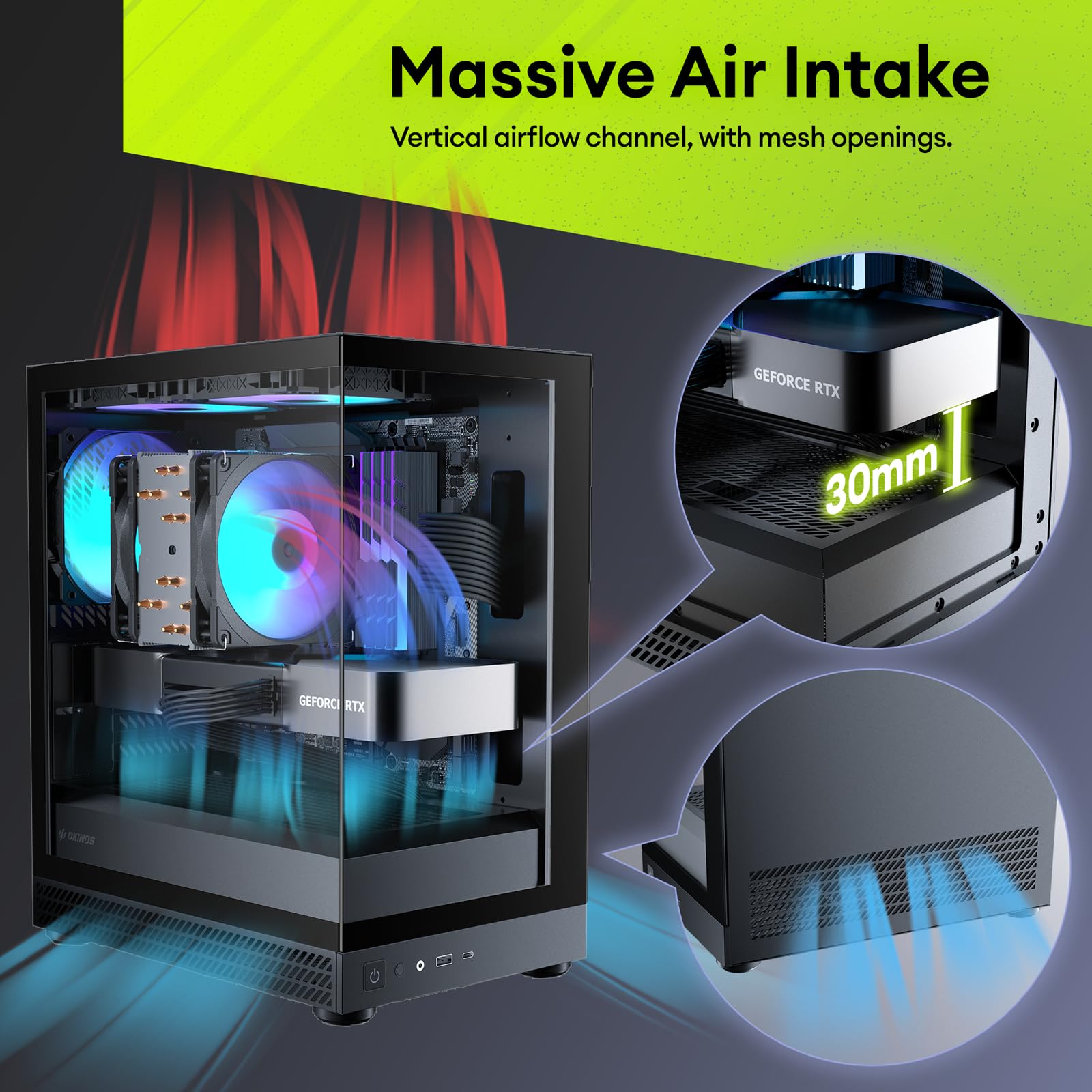 Okinos Aqua UNO - Custodia Micro ATX, senza supporto per radiatore, lunghezza massima GPU 309 mm, frontale e laterale in vetro temperato panoramico a sgancio rapido, ventole ARGB 3 x 120 mm