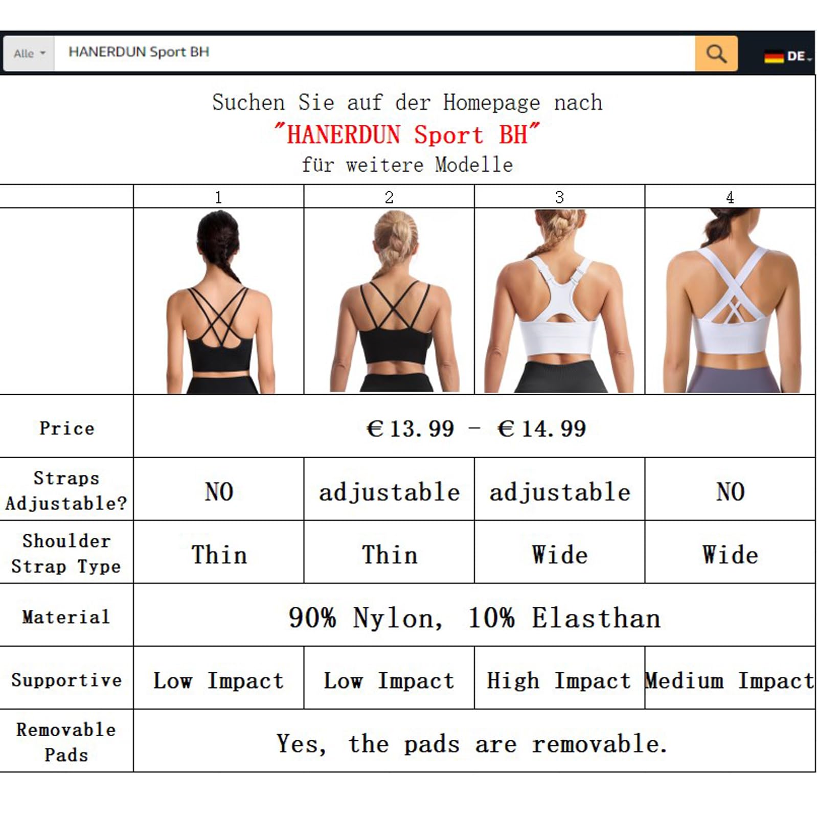 HANERDUN Sport BH Starker Halt Damen Verstellbar Träger Yoga Bra mit Gepolstert Nahtlose Ohne Bügel Breiten Trägern Racerback für Fitness Lauf Joggen