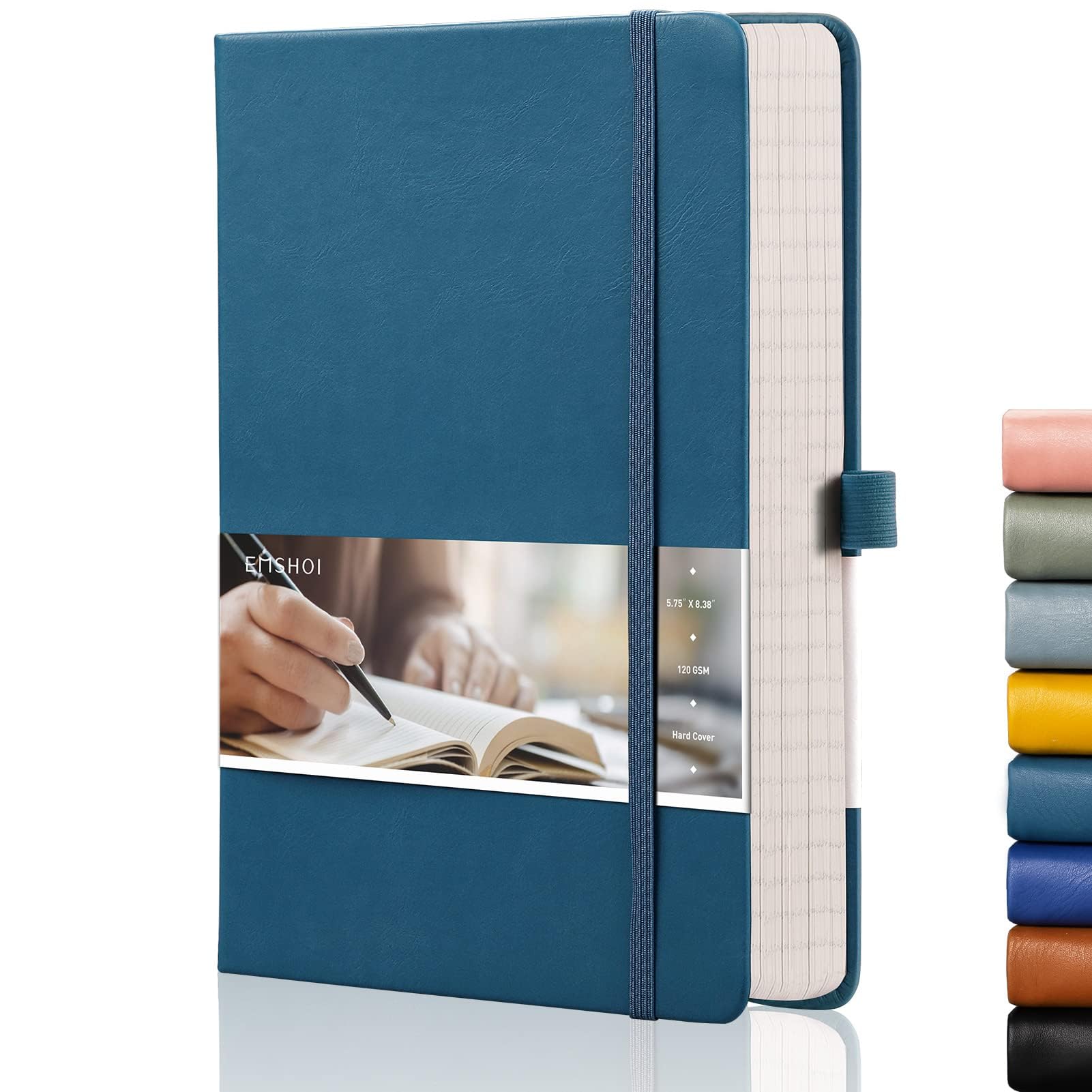 EMSHOI Lined Journaling Notebooks - 120gsm Thick Leather Journal with Sticky Notes, 256 Numbered Pages A5 Hardcover College Ruled Notebook for Women Men Work School Writing, 5.75" x 8.38"-LightBlue