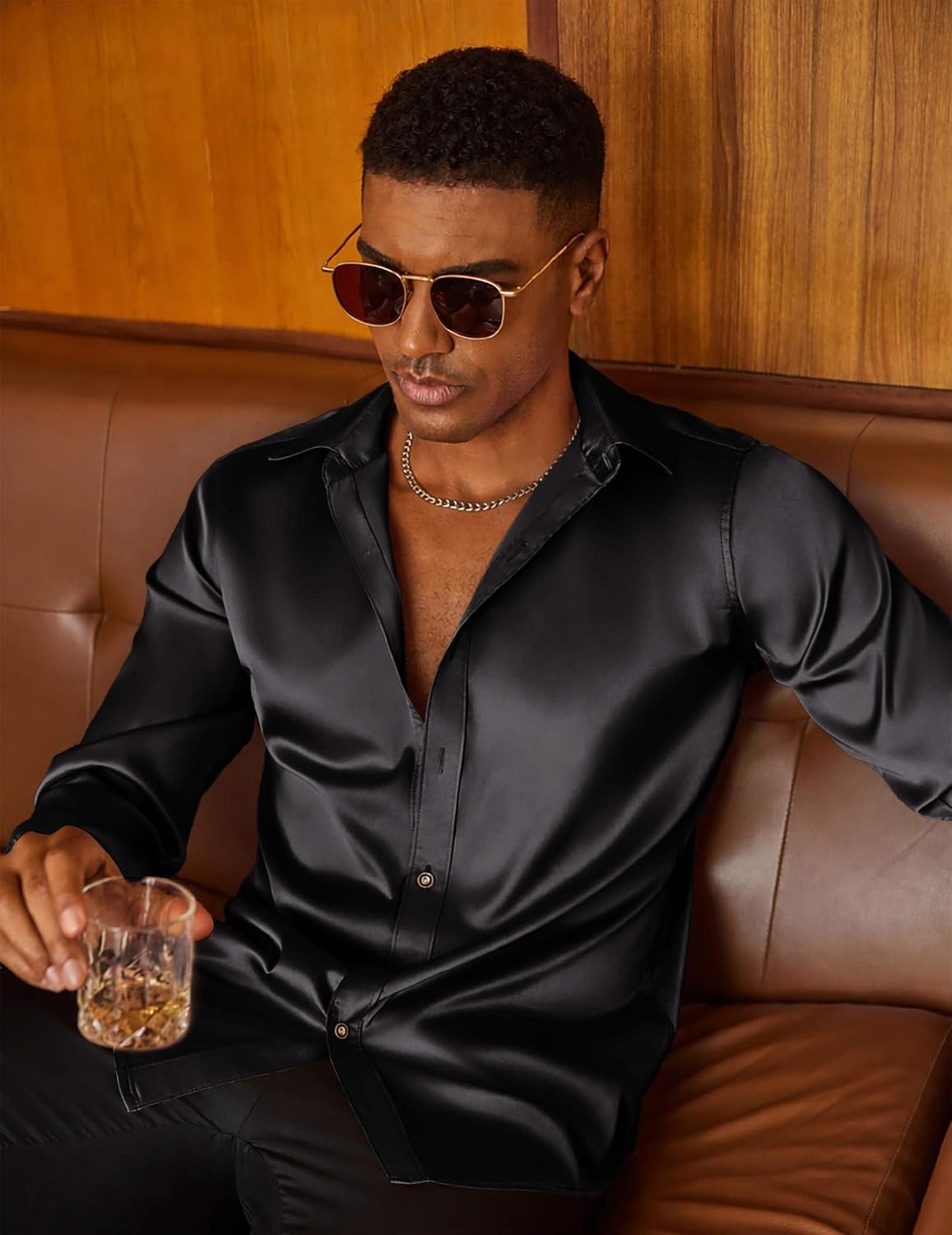 COOFANDY Mens Silk Satin Dress Shirts Long Sleeve Shiny Button Down Shirt