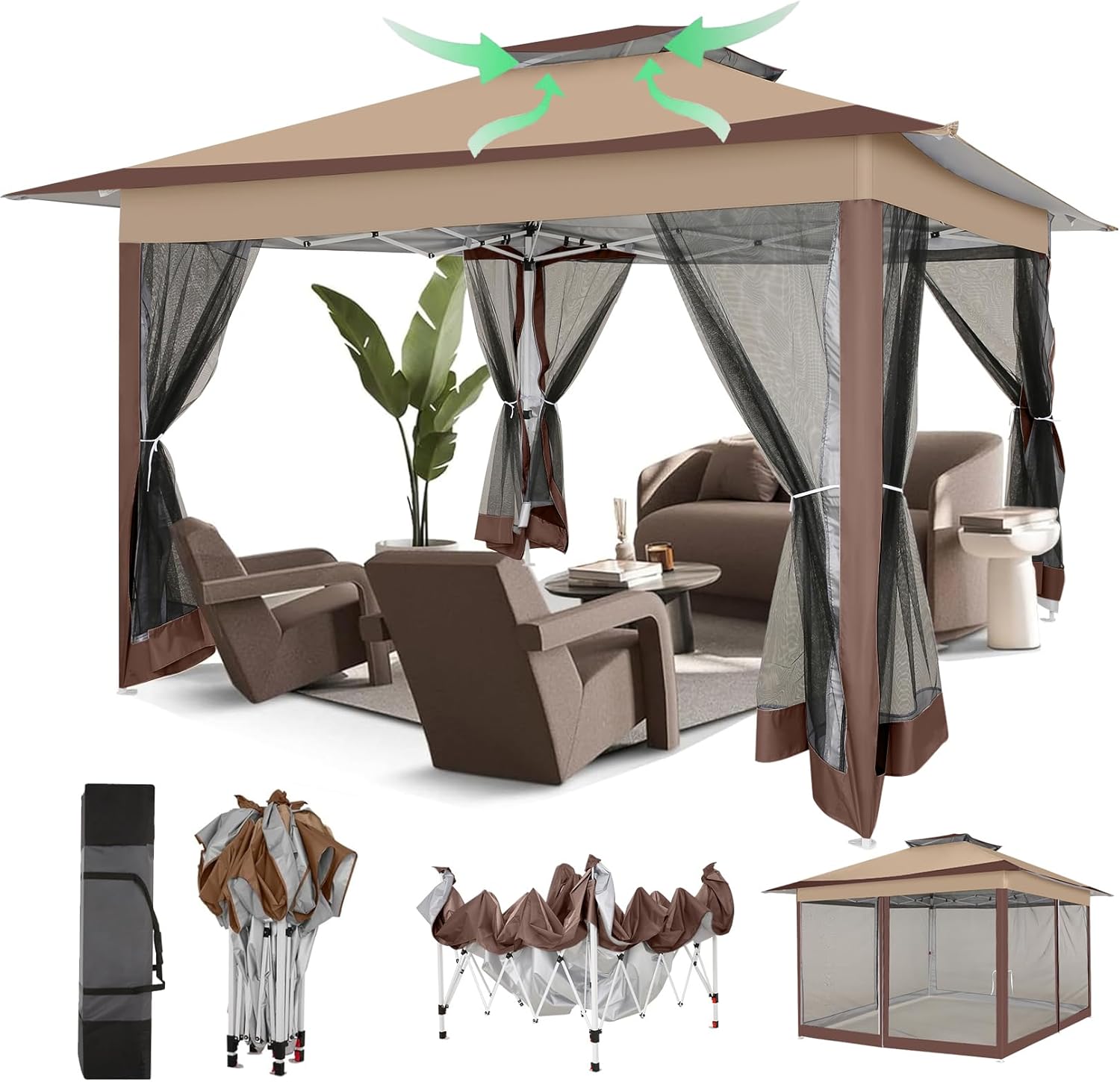 COBIZI 12×12 Pop Up Gazebo On Clearance Canopy Tent- Upgrade Metal Outdoor Canopy Waterproof – Portable Gazebo with Mosquito Nettings, 4 Ropes 8 Stakes and Carry Bag for Patio Garden(Coffee)