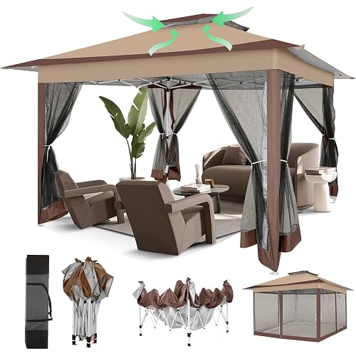 COBIZI 12x12 Pop Up Gazebos On Clearance - Upgrade Easy Up Metal Outdoor Gazebo Waterproof - Portable Gazebo with Mosquito Nettings, 4 Ropes 8 Stakes and Carry Bag for Patio Garden(Coffee)