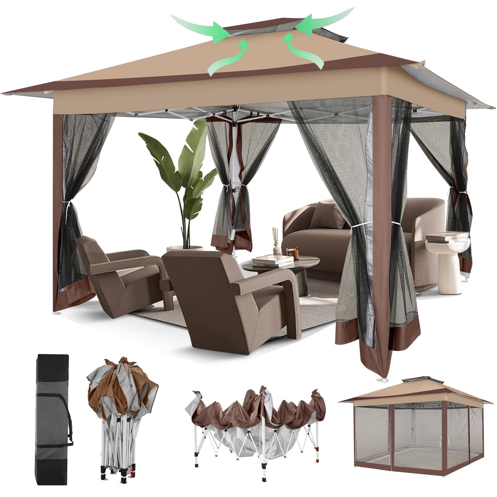 COBIZI 12x12 Pop Up Gazebo On Clearance Canopy Tent Easy Up Outdoor Gazebo Waterproof Upgrade with Mosquito Nettings, Double Vented Roof and Carry Bag for Patio Garden Lawn(Coffee)