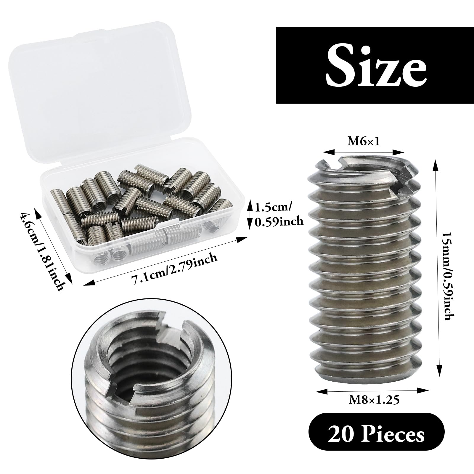 20 piezas de rosca de acero inoxidable M8 a M6, autorroscante reparación de roscas con ranura de corte, tuerca reductora de alto impacto, para turbinas de vapor de automóviles dispositivos mecánicos