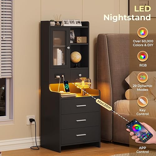 Miniatura 4 de ADORNEVE Juego de 2 mesitas de noche negras con estación de carga, mesita de noche LED de 49.2 pulgadas para dormitorio, mesita de noche alta con